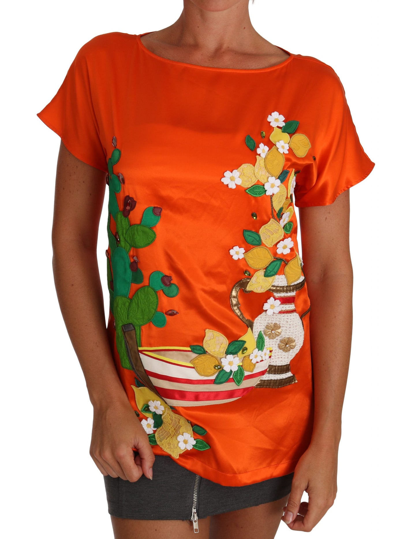 Dolce & Gabbana Silk Orange Lemon Crystal T-shirt Top Dolce & Gabbana