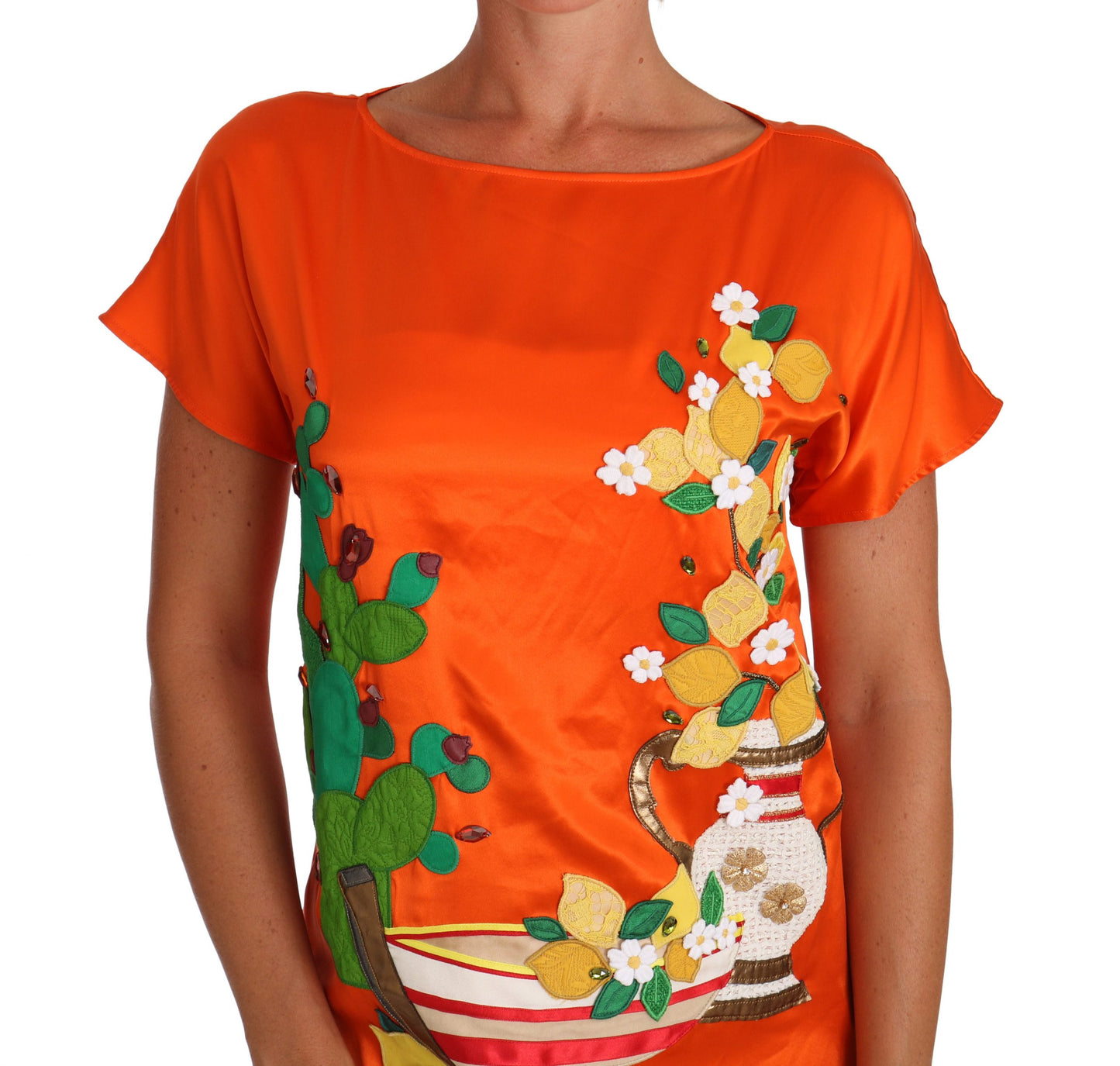 Dolce & Gabbana Silk Orange Lemon Crystal T-shirt Top Dolce & Gabbana