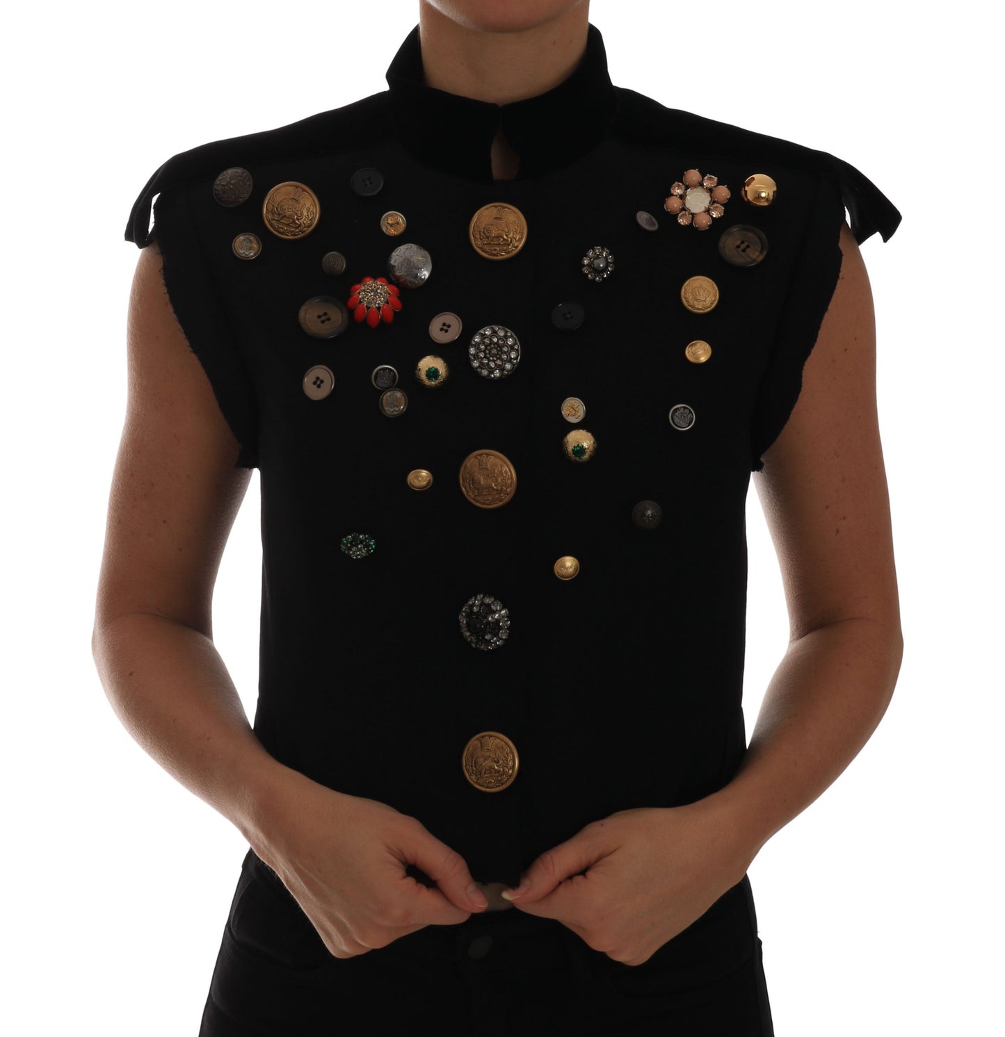 Dolce & Gabbana Black Embellished Floral Military Jacket Vest Dolce & Gabbana