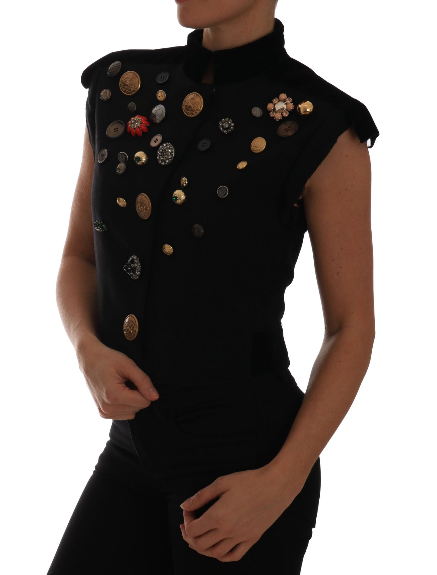 Dolce & Gabbana Black Embellished Floral Military Jacket Vest Dolce & Gabbana
