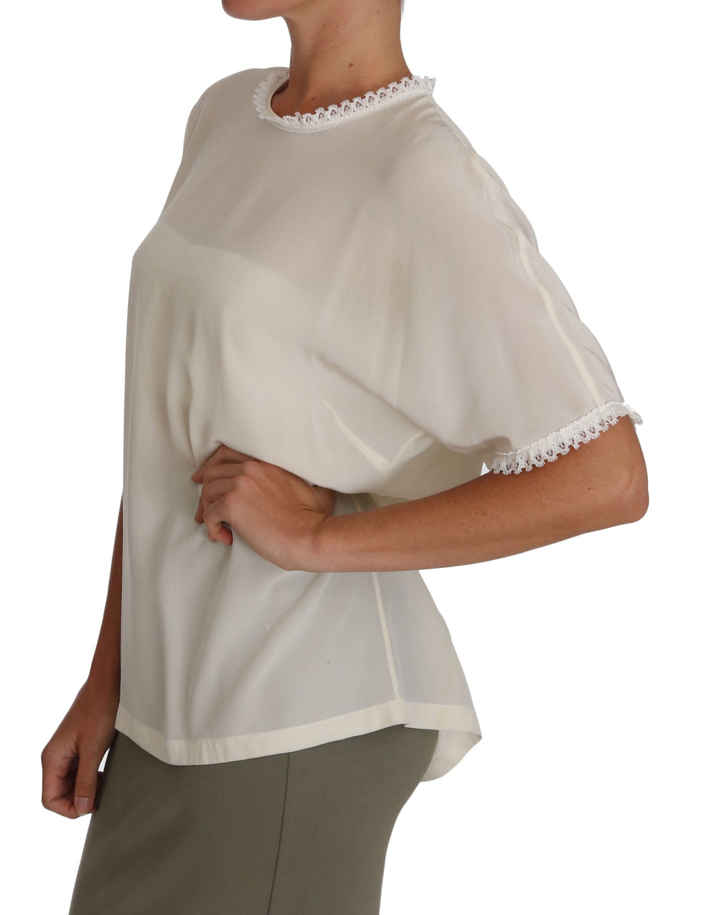 Dolce & Gabbana White Cream Silk Lace Top Blouse T-Shirt Dolce & Gabbana