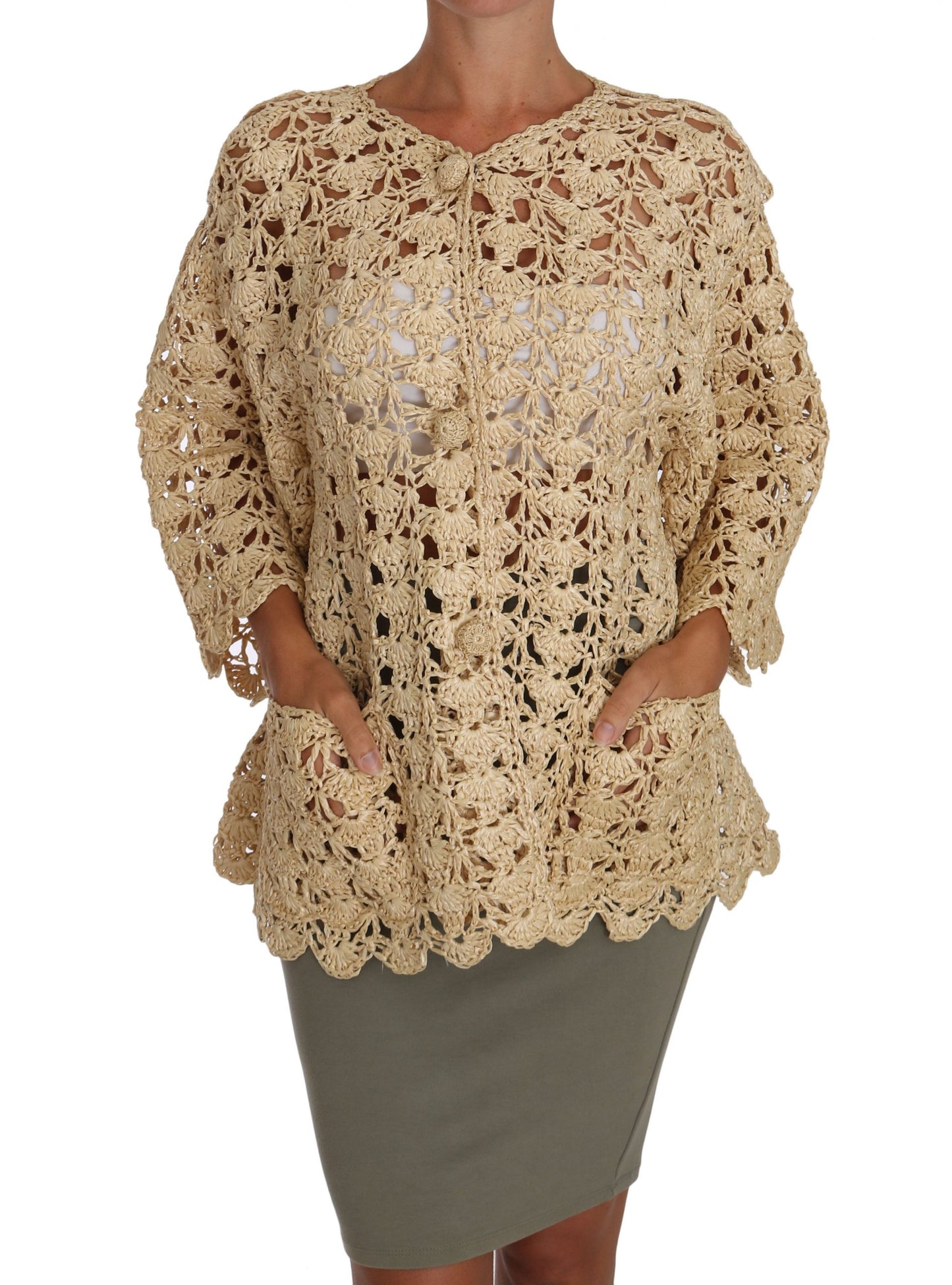 Dolce & Gabbana Beige Cardigan Crochet Knitted Raffia Sweater Dolce & Gabbana