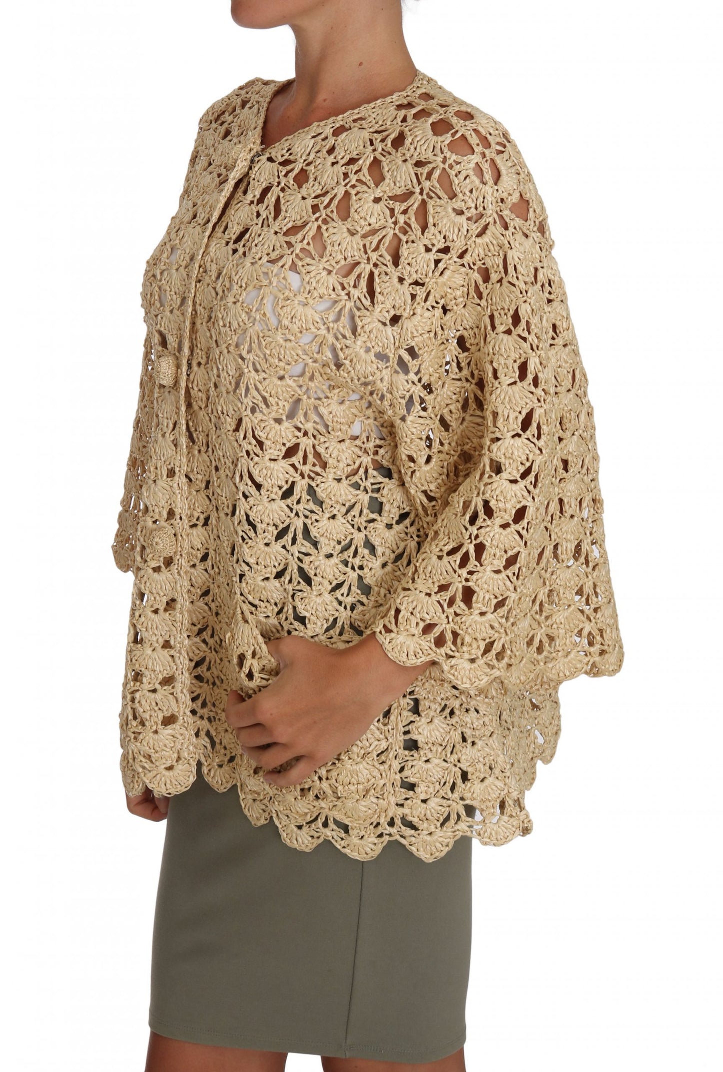 Dolce & Gabbana Beige Cardigan Crochet Knitted Raffia Sweater Dolce & Gabbana