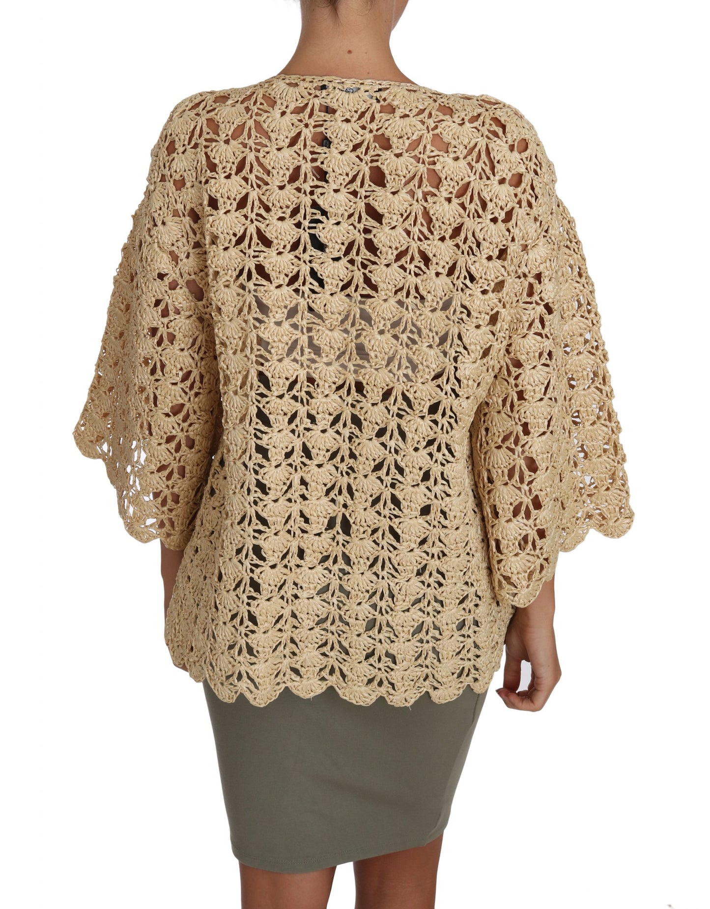 Dolce & Gabbana Beige Cardigan Crochet Knitted Raffia Sweater Dolce & Gabbana