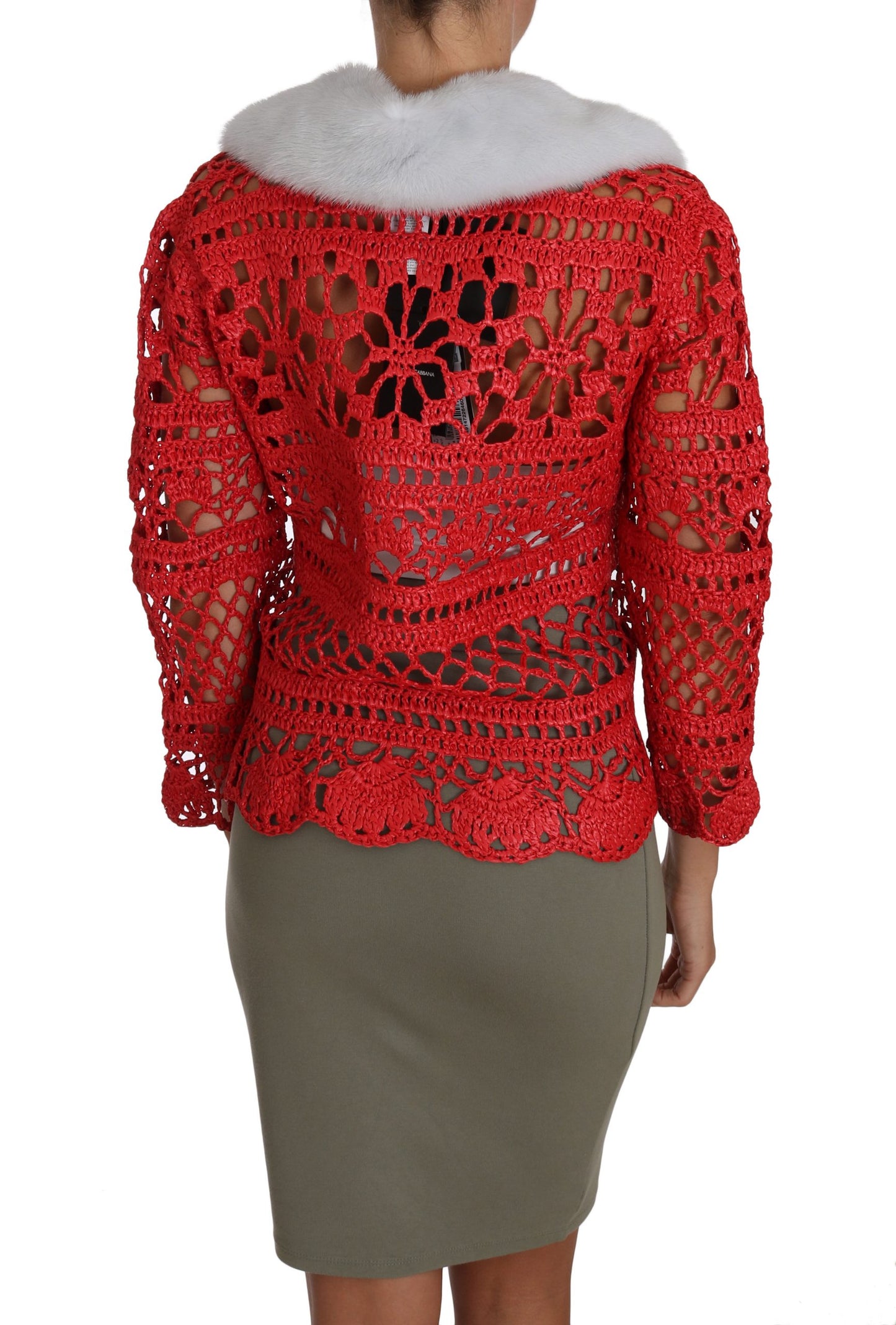 Dolce & Gabbana Red Cardigan Crochet Knit Raffia Sweater Dolce & Gabbana