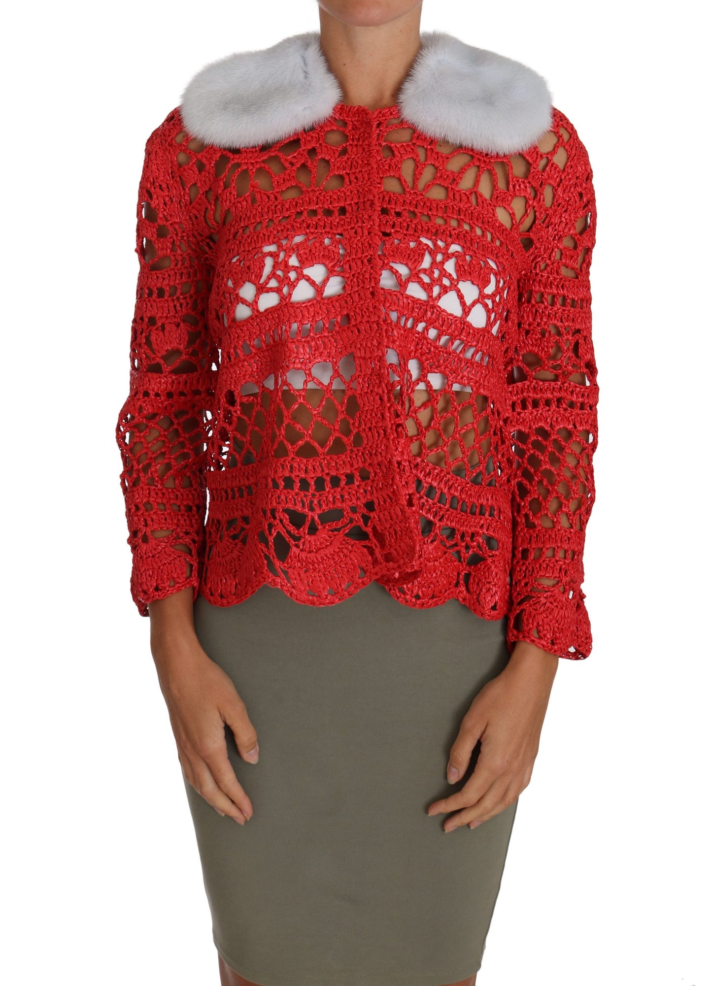 Dolce & Gabbana Red Cardigan Crochet Knit Raffia Sweater Dolce & Gabbana