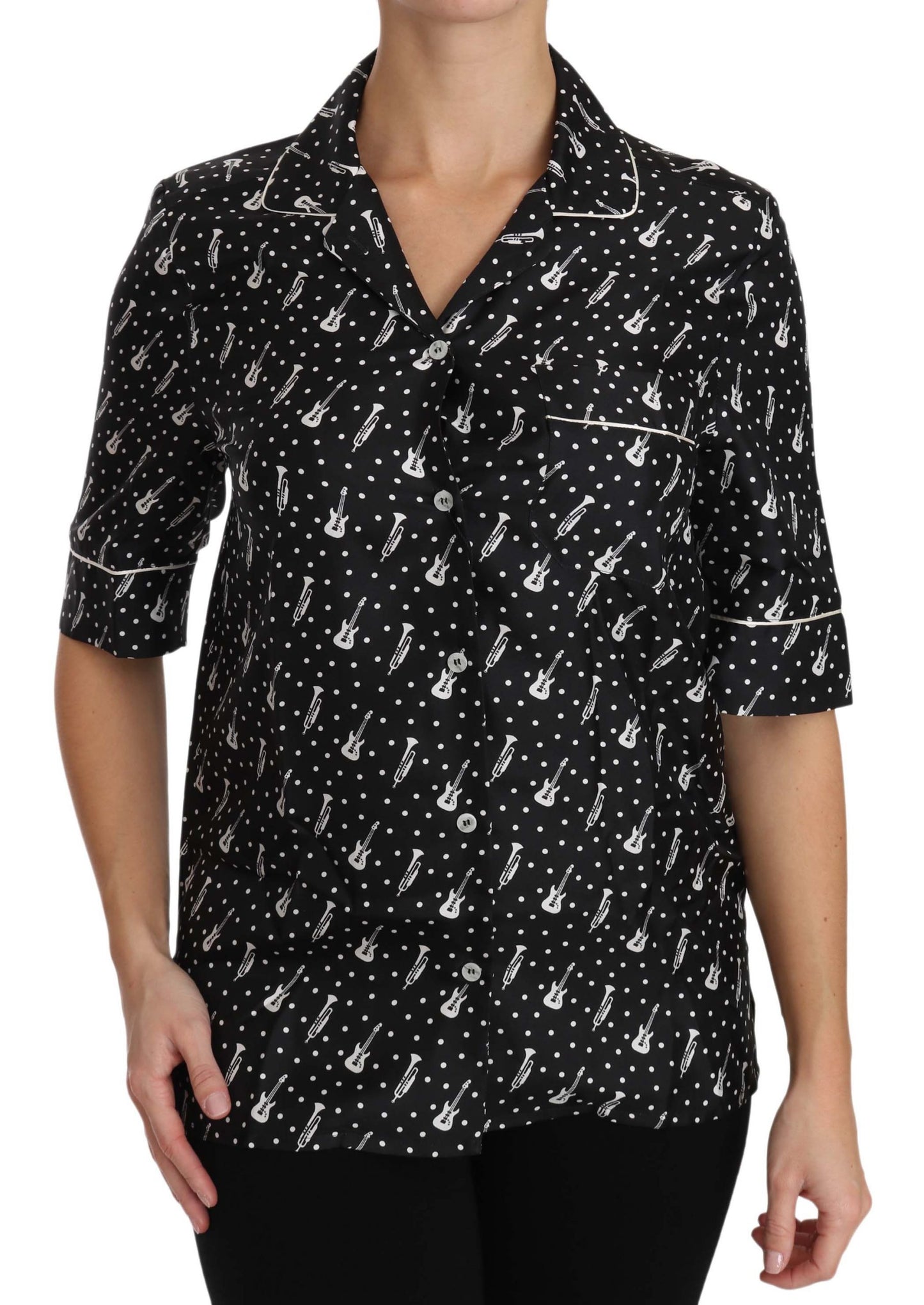 Dolce & Gabbana Black GuitarTrumpet Print Silk Shirt Top Dolce & Gabbana