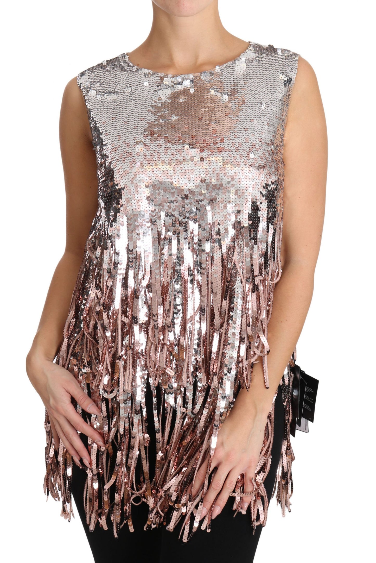 Dolce & Gabbana Golden Pink Sequined Fringe Tank Top Dolce & Gabbana