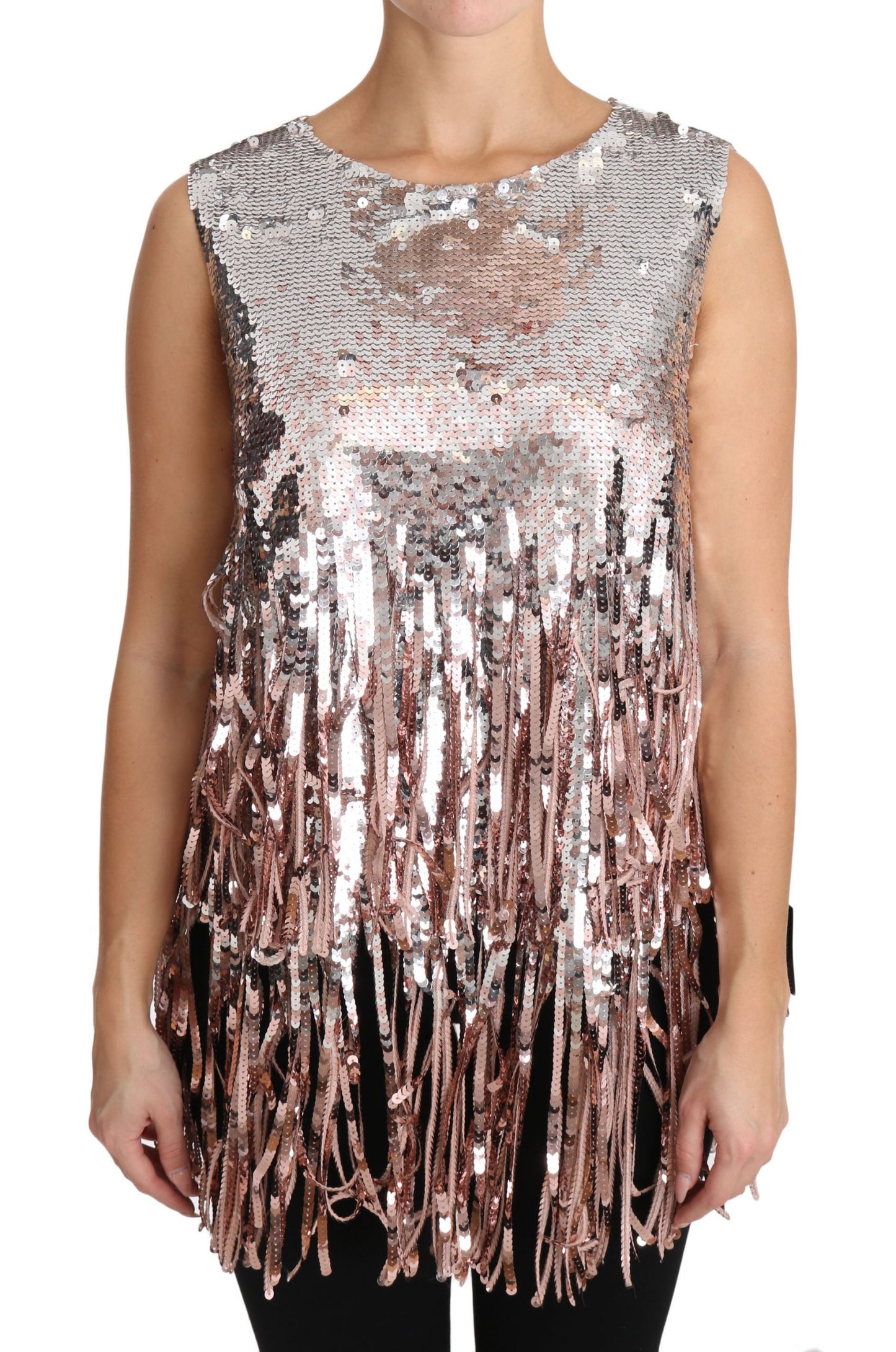 Dolce & Gabbana Golden Pink Sequined Fringe Tank Top Dolce & Gabbana