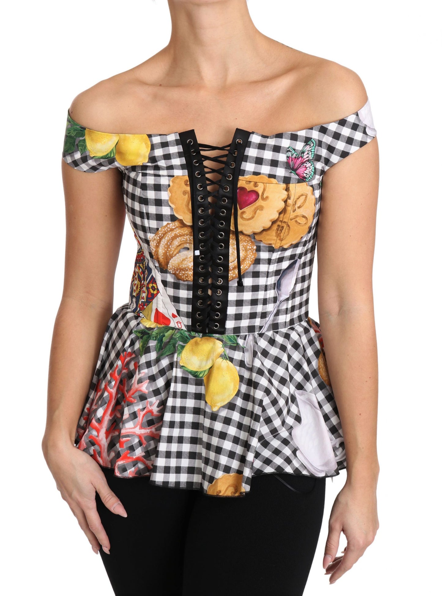 Dolce & Gabbana Black and White Corset Blouse Sicily Lemon Check Top Dolce & Gabbana