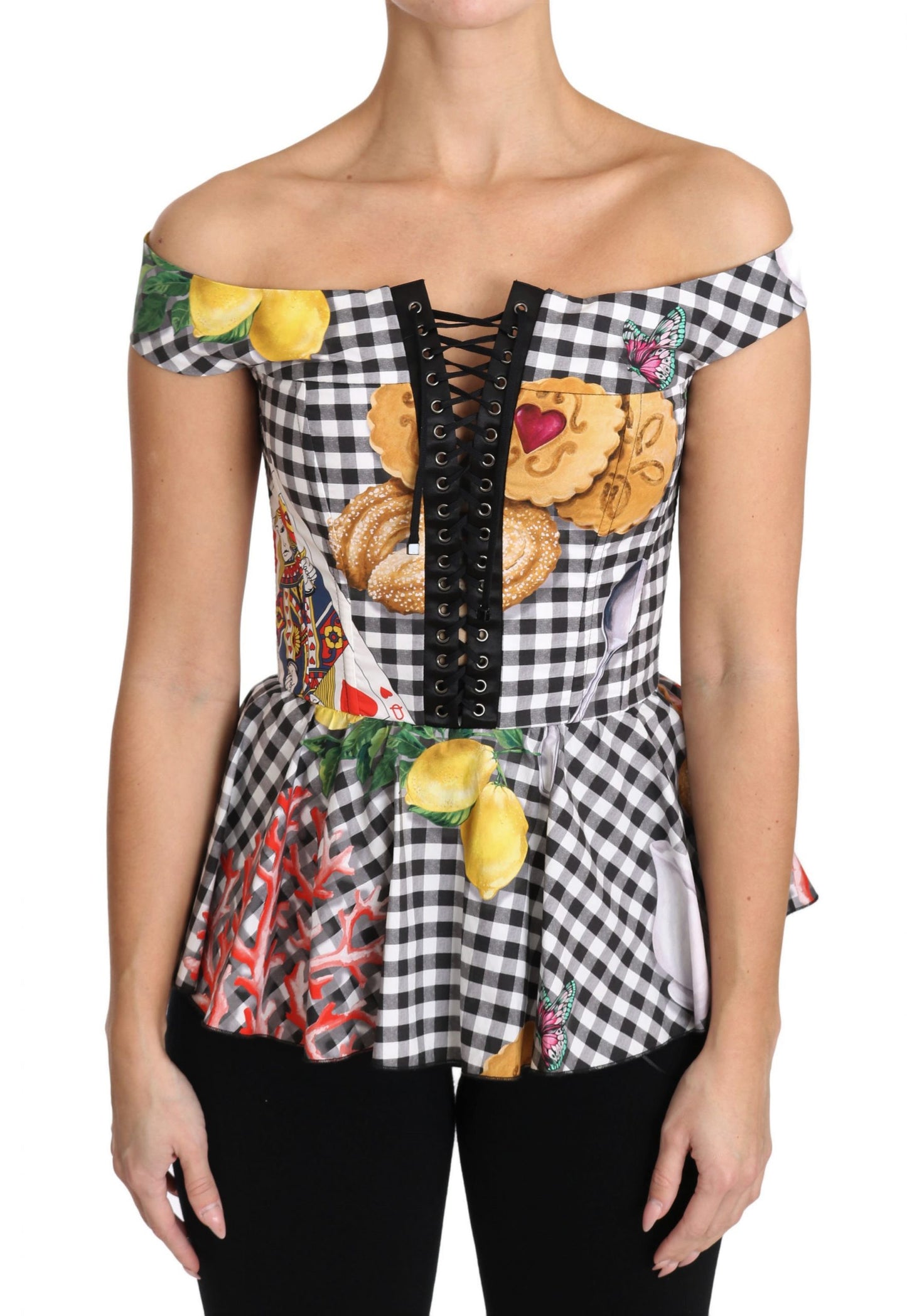 Dolce & Gabbana Black and White Corset Blouse Sicily Lemon Check Top Dolce & Gabbana