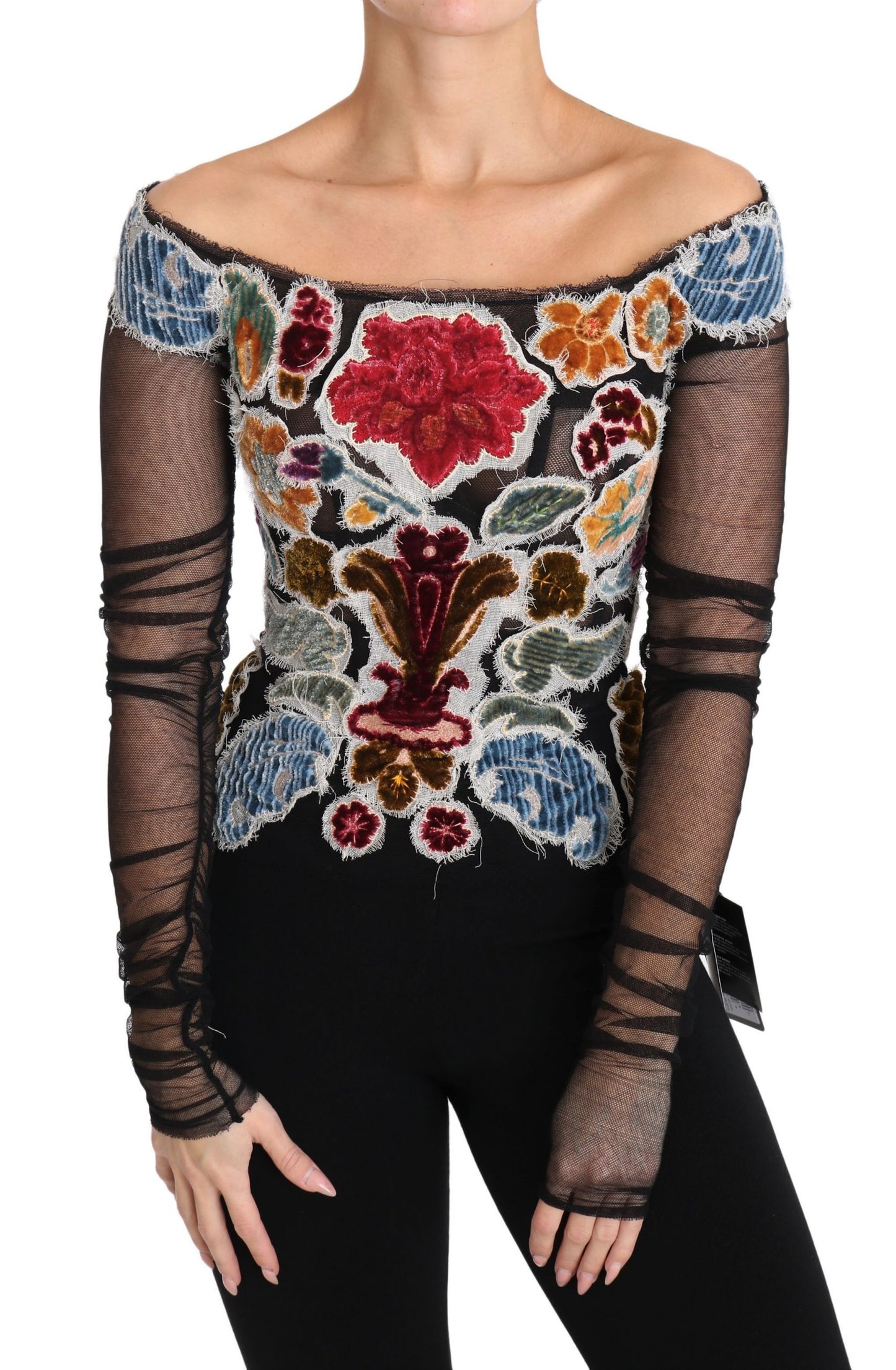 Dolce & Gabbana Black Floral Ricamo Top T-shirt Blouse Dolce & Gabbana