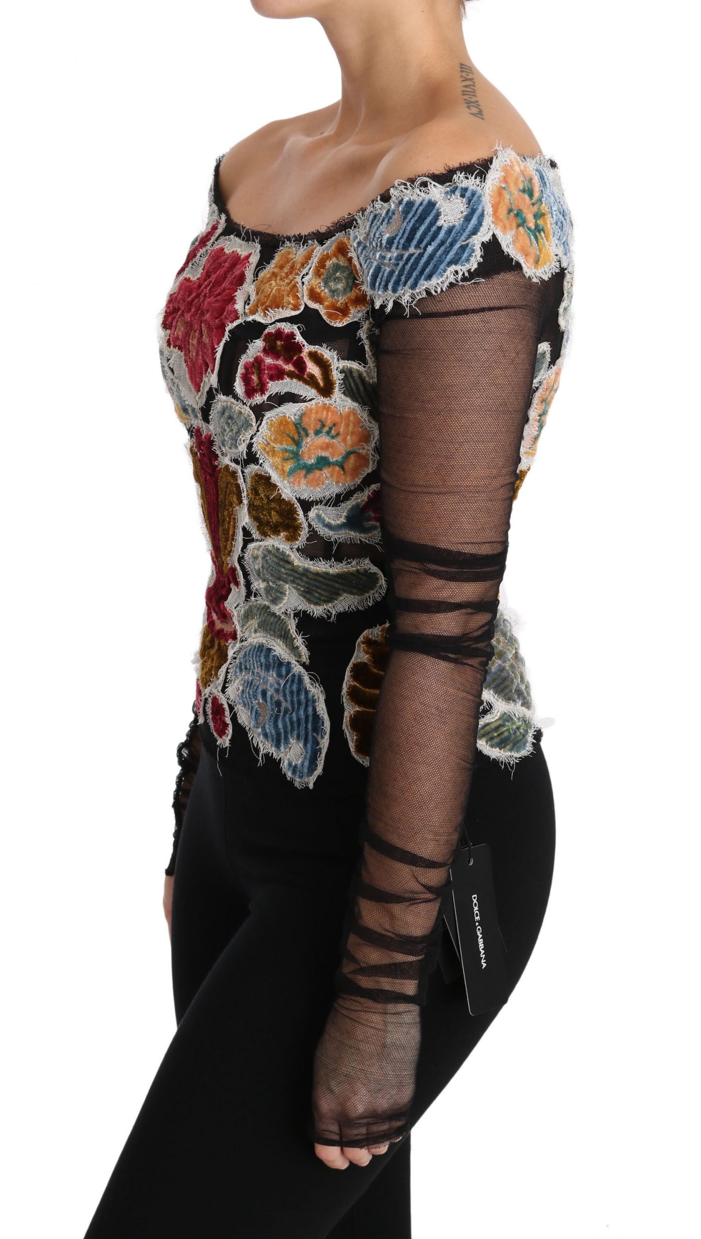 Dolce & Gabbana Black Floral Ricamo Top T-shirt Blouse Dolce & Gabbana