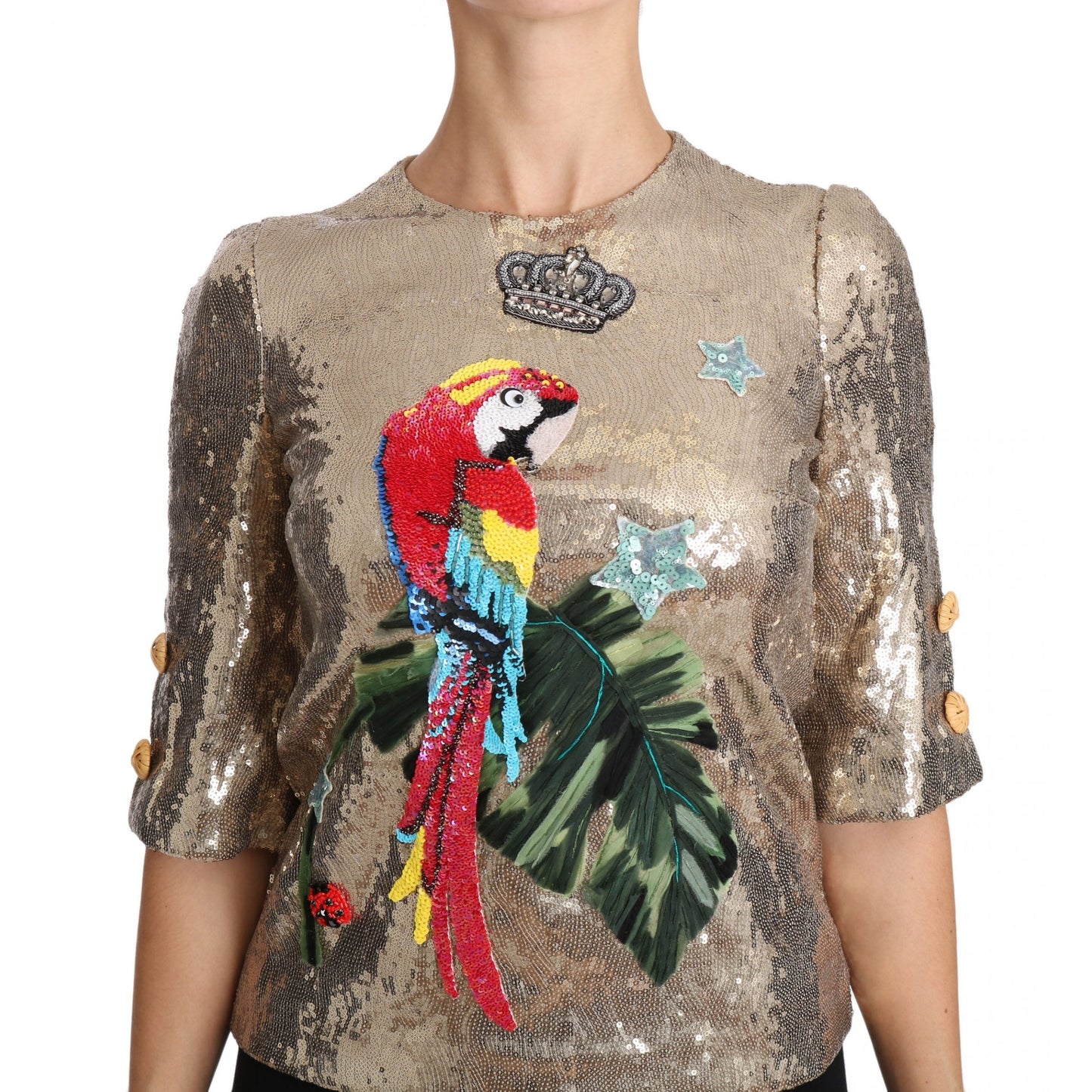 Dolce & Gabbana Gold Sequined Parrot Crystal Blouse Dolce & Gabbana