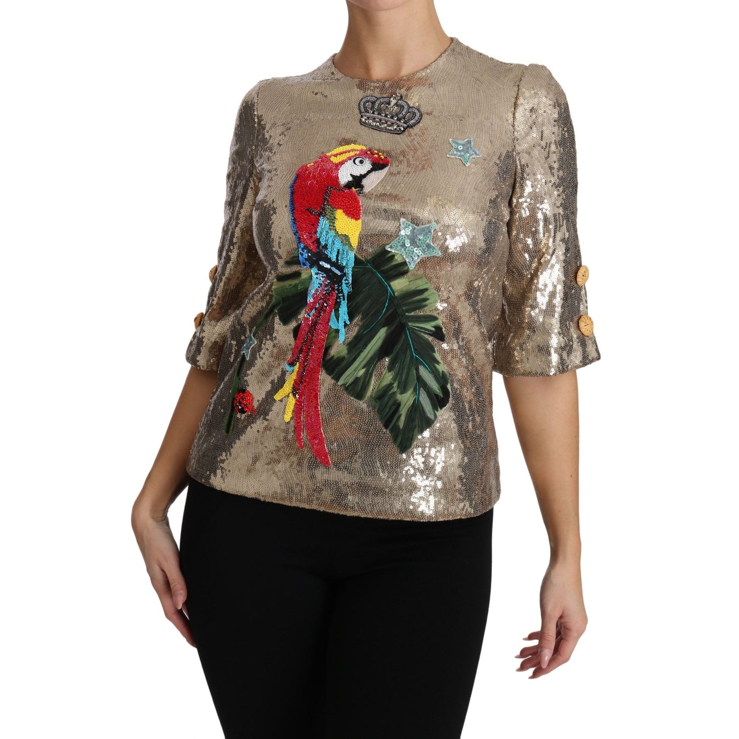 Dolce & Gabbana Gold Sequined Parrot Crystal Blouse Dolce & Gabbana