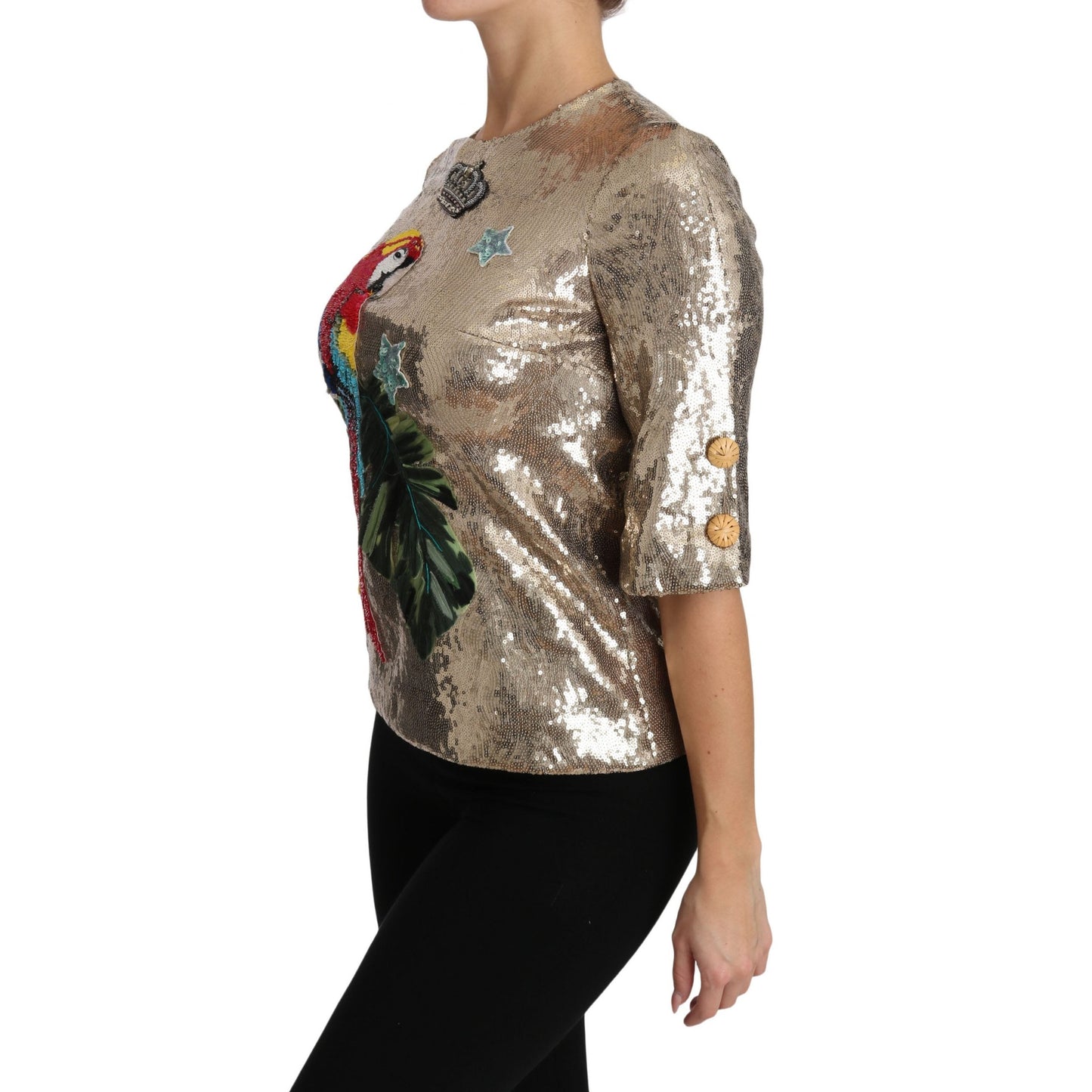 Dolce & Gabbana Gold Sequined Parrot Crystal Blouse Dolce & Gabbana