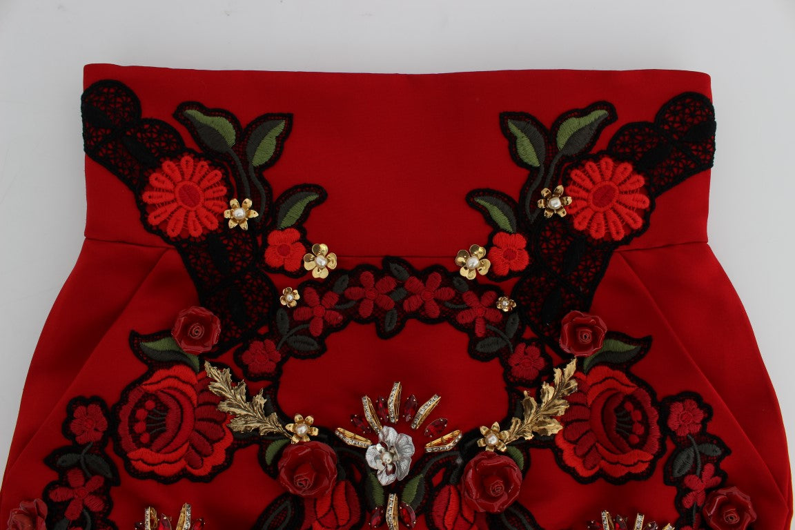 Dolce & Gabbana Red Silk Crystal Roses Shorts Dolce & Gabbana