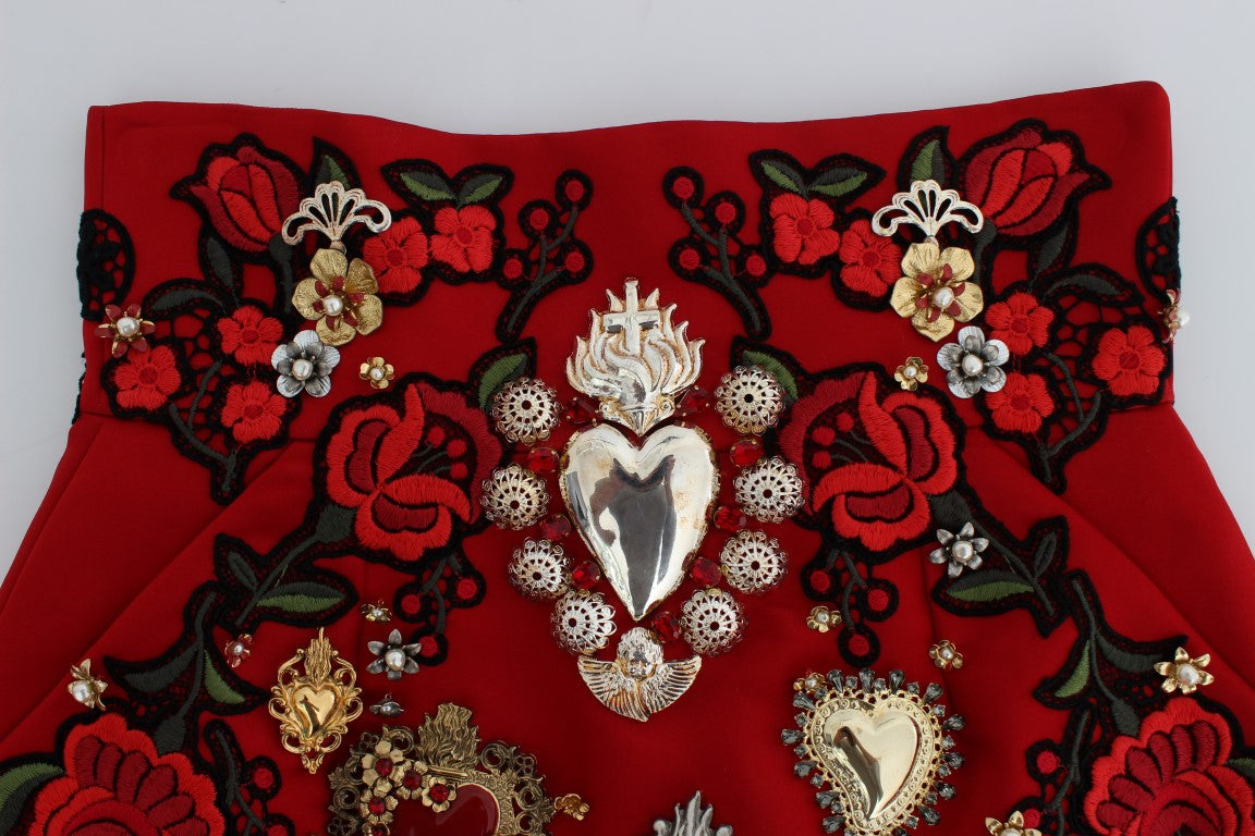 Dolce & Gabbana Red Silk Crystal Roses Shorts Dolce & Gabbana