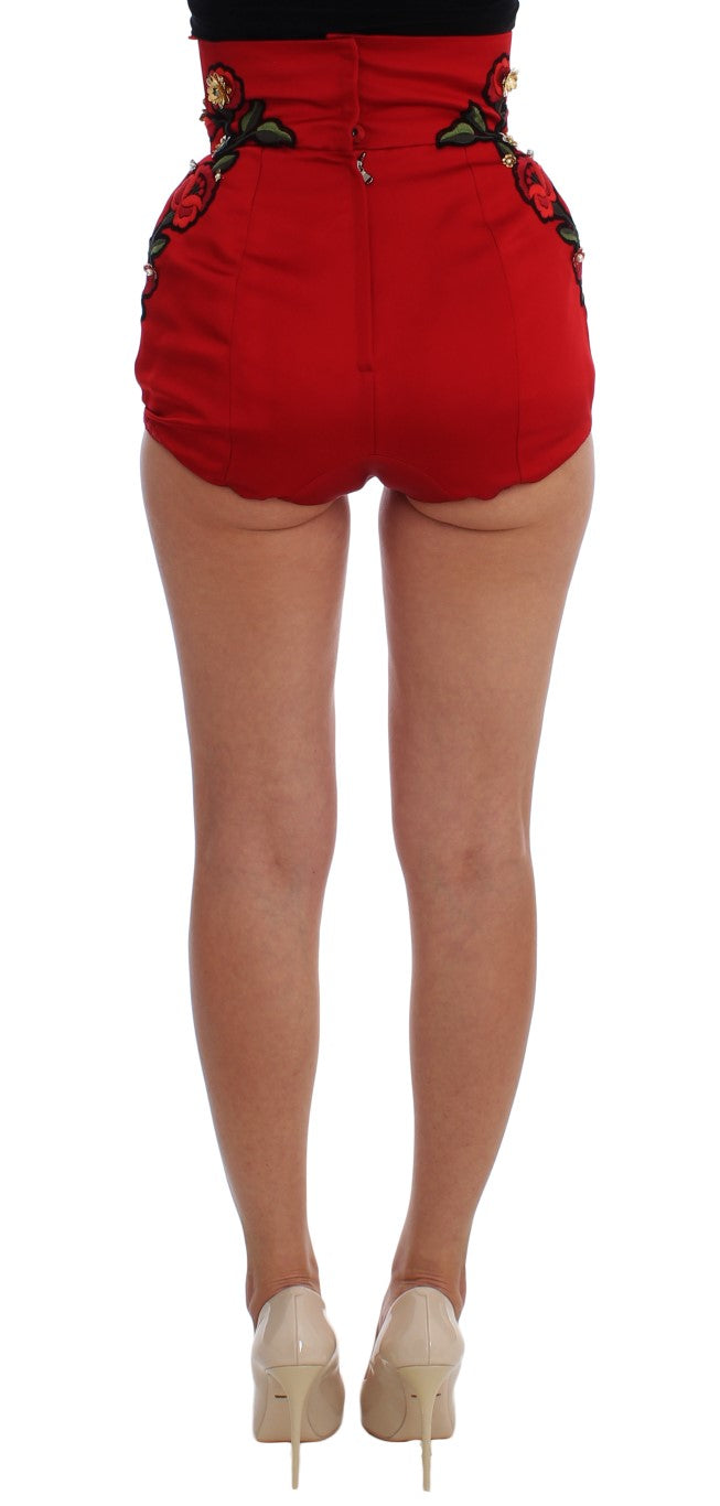 Dolce & Gabbana Red Silk Crystal Roses Shorts Dolce & Gabbana