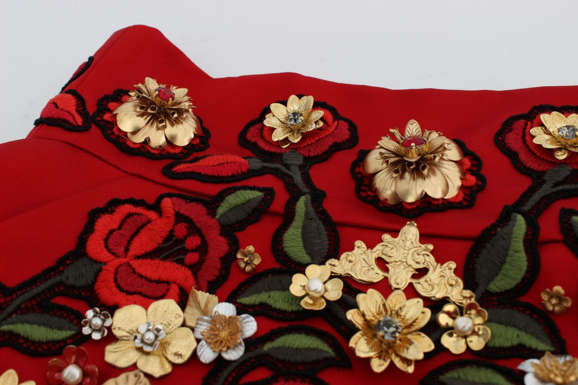 Dolce & Gabbana Red Silk Crystal Roses Shorts Dolce & Gabbana