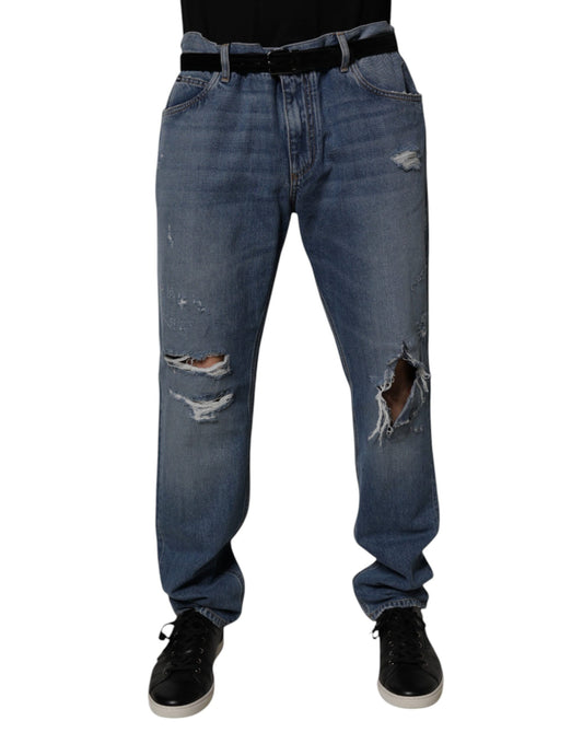 Dolce & Gabbana Blue Tattered Cotton Straight Denim Jeans Dolce & Gabbana