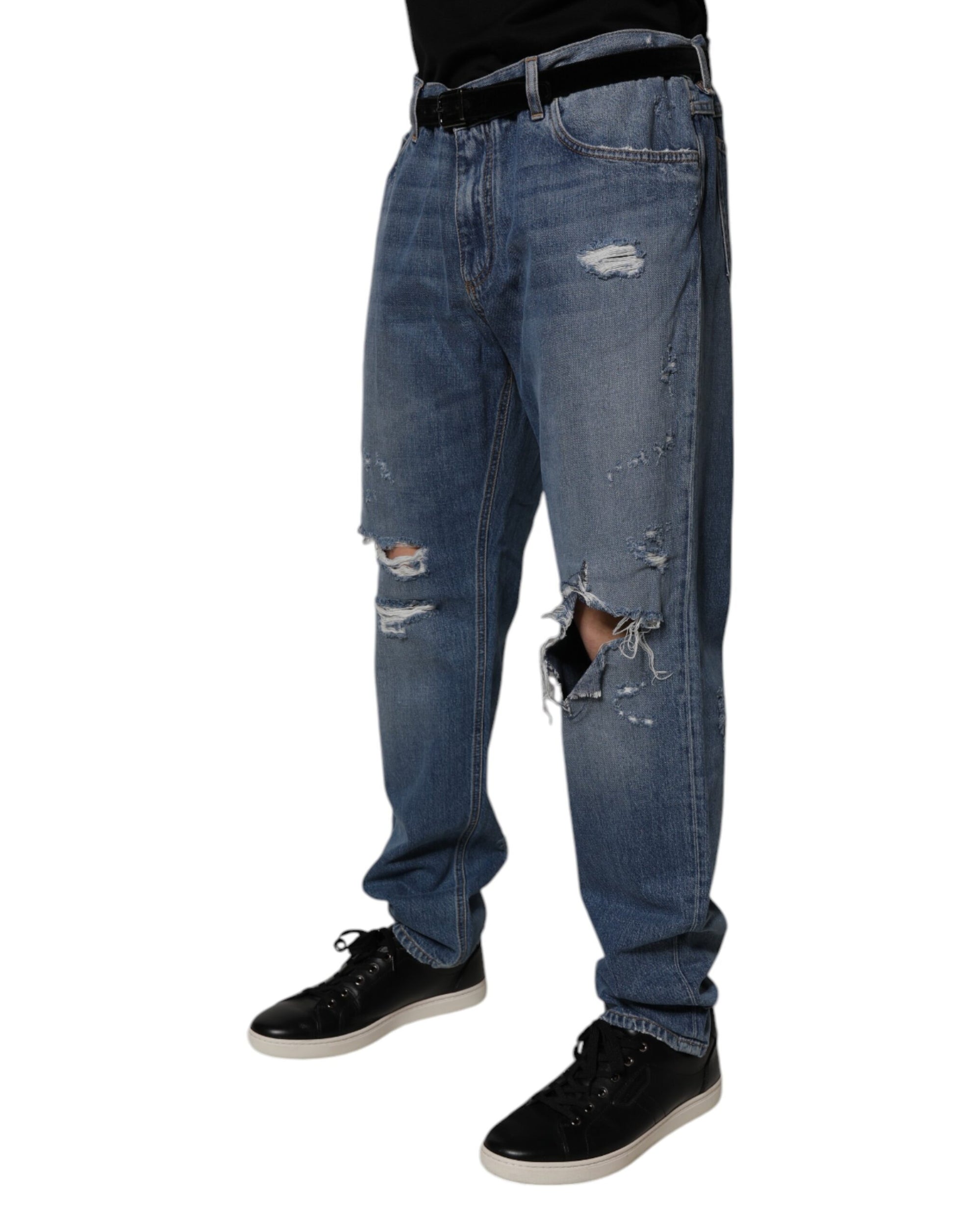 Dolce & Gabbana Blue Tattered Cotton Straight Denim Jeans Dolce & Gabbana