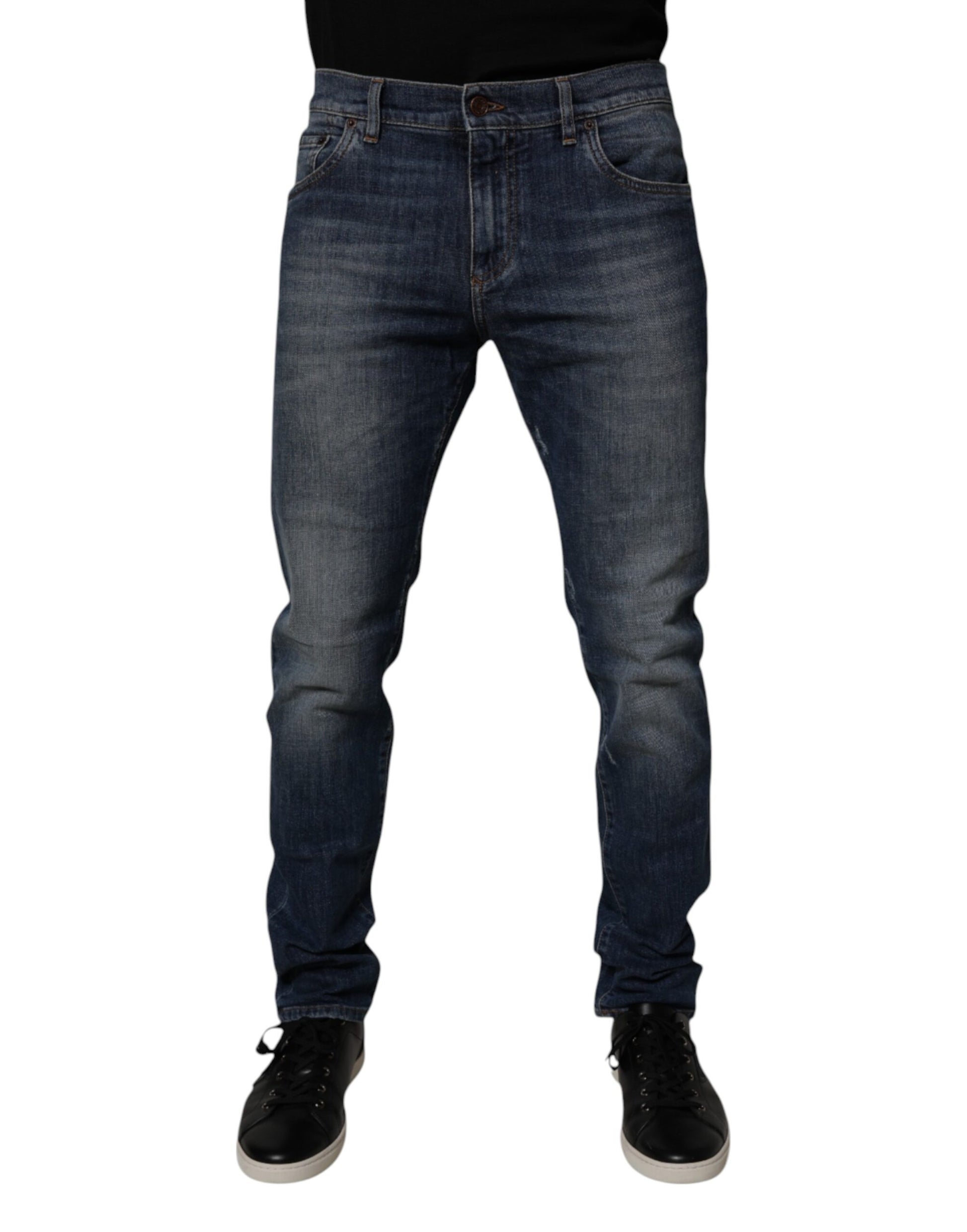 Dolce & Gabbana Dark Blue Cotton Leather Skinny Denim Jeans Dolce & Gabbana