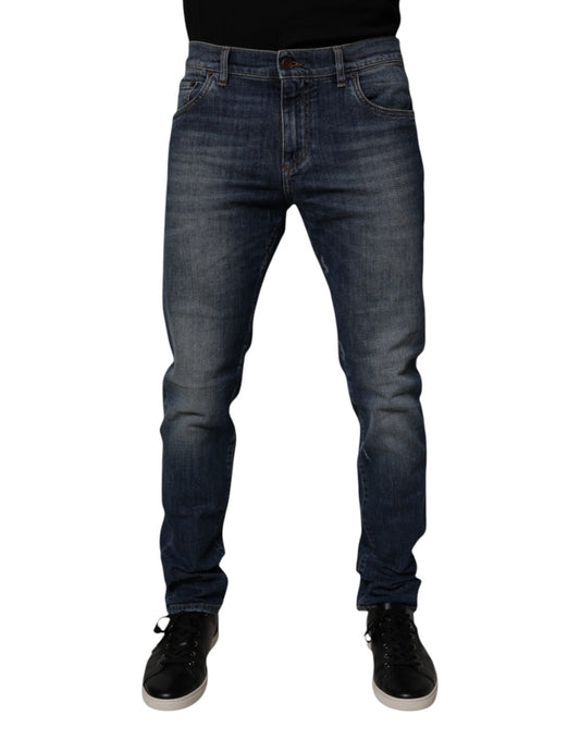 Dolce & Gabbana Dark Blue Cotton Leather Skinny Denim Jeans Dolce & Gabbana