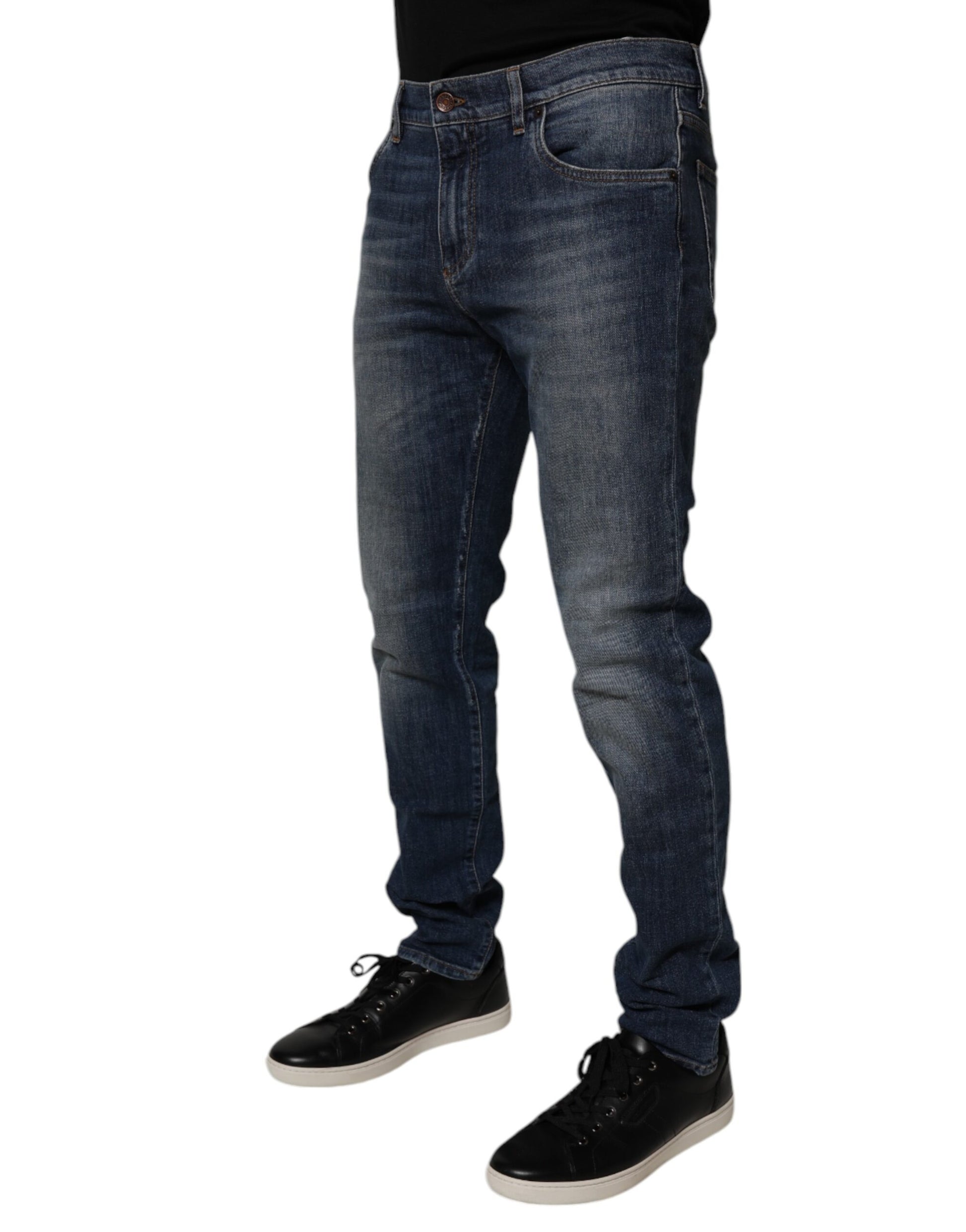 Dolce & Gabbana Dark Blue Cotton Leather Skinny Denim Jeans Dolce & Gabbana