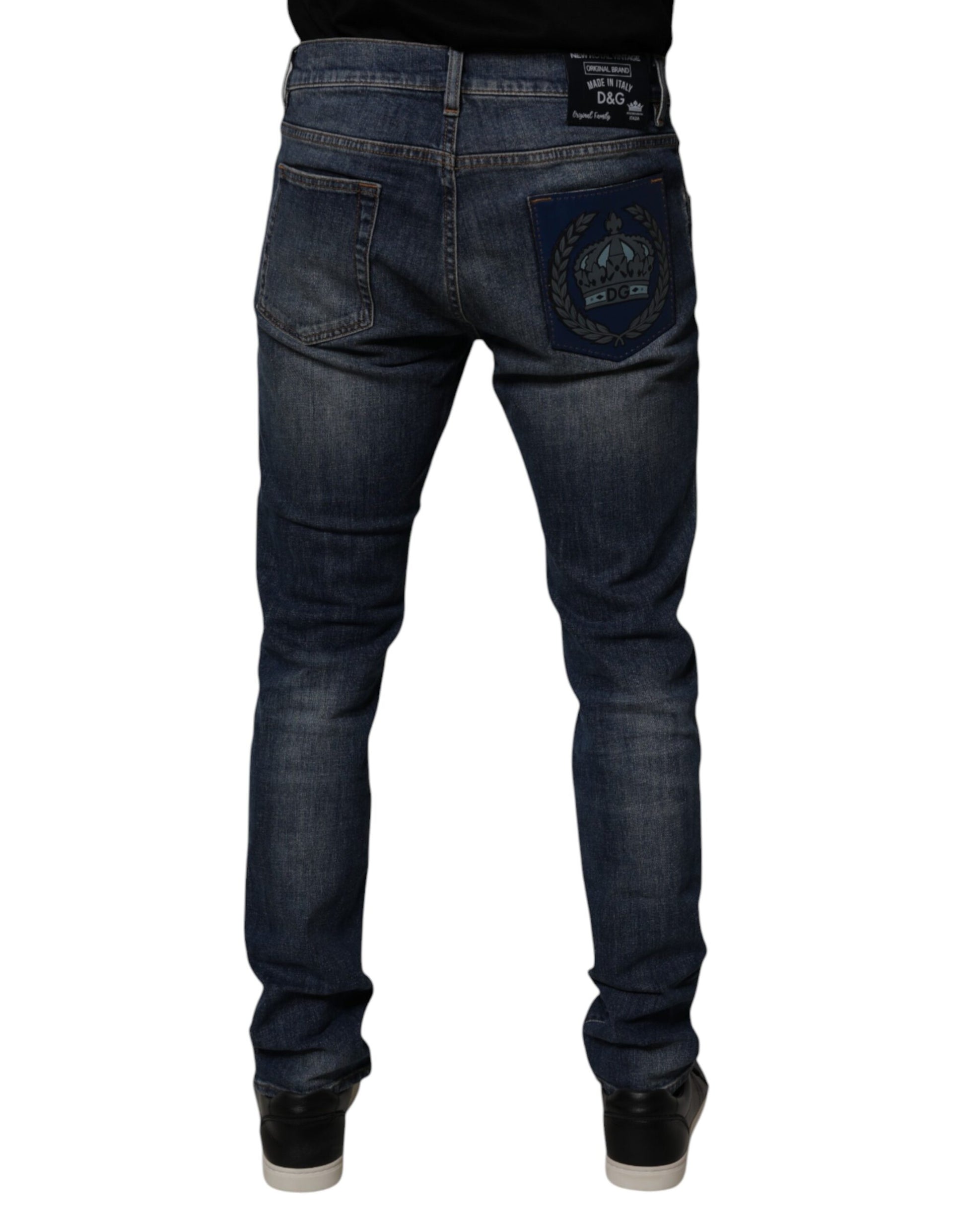 Dolce & Gabbana Dark Blue Cotton Leather Skinny Denim Jeans Dolce & Gabbana