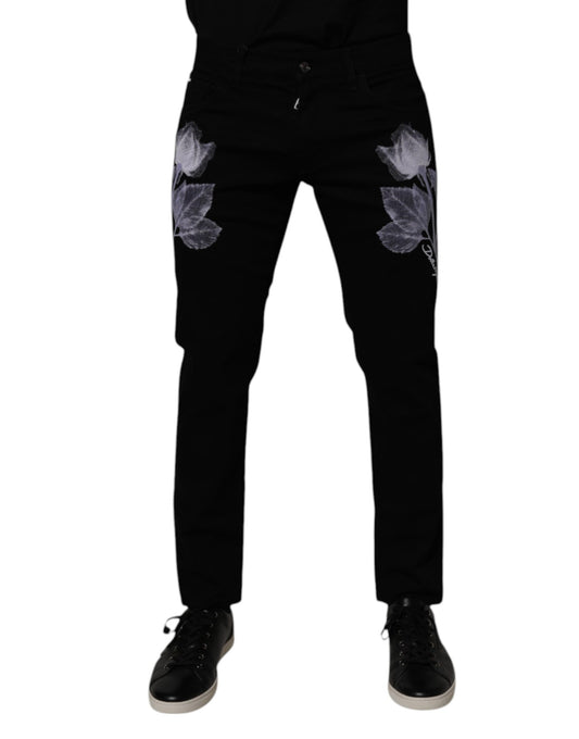Dolce & Gabbana Black Floral Cotton Skinny Men Denim Jeans Dolce & Gabbana