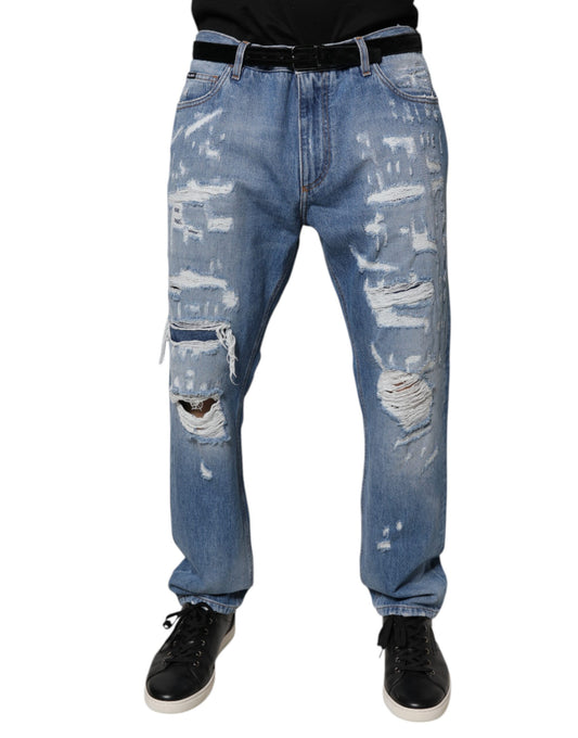 Dolce & Gabbana Blue Tattered Straight Cotton Denim Jeans Dolce & Gabbana