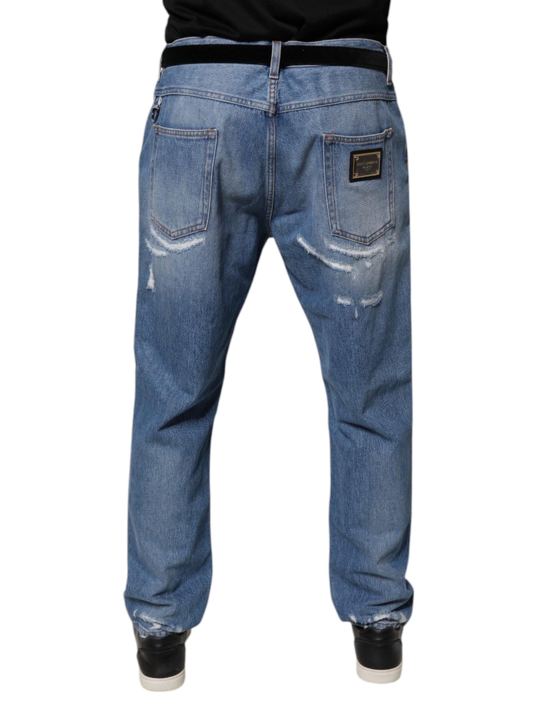 Dolce & Gabbana Blue Tattered Straight Cotton Denim Jeans Dolce & Gabbana