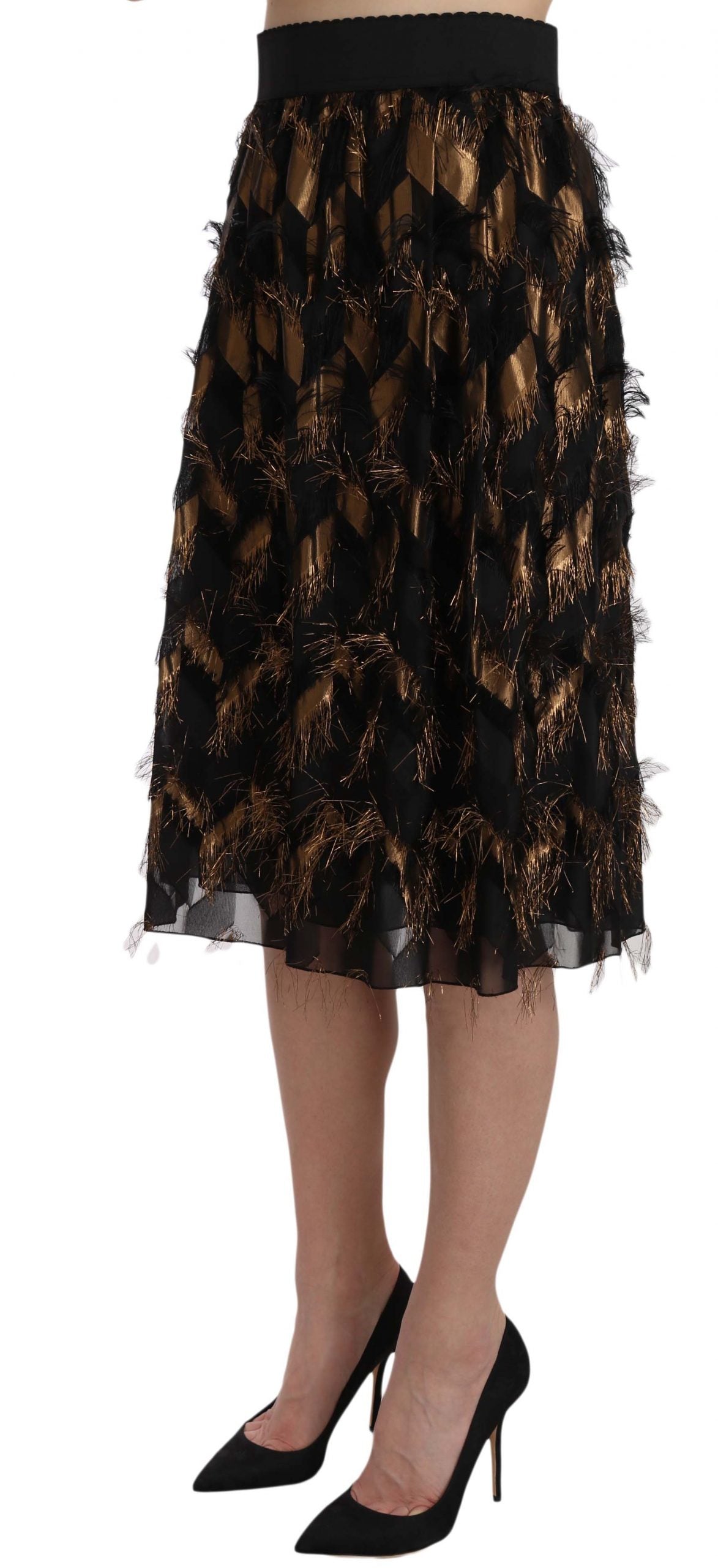 Dolce & Gabbana Black Gold Fringe Metallic Pencil A-line Skirt Dolce & Gabbana