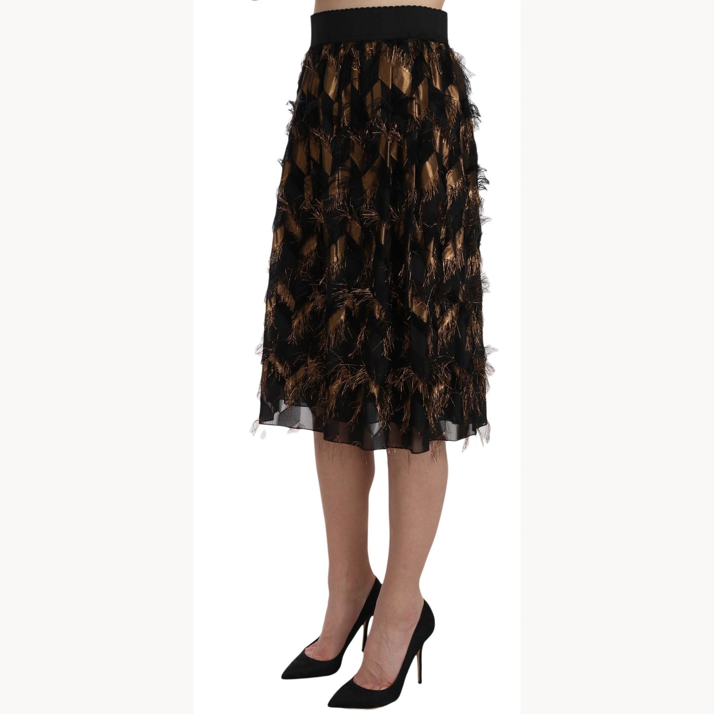 Dolce & Gabbana Black Gold Fringe Metallic Pencil A-line Skirt