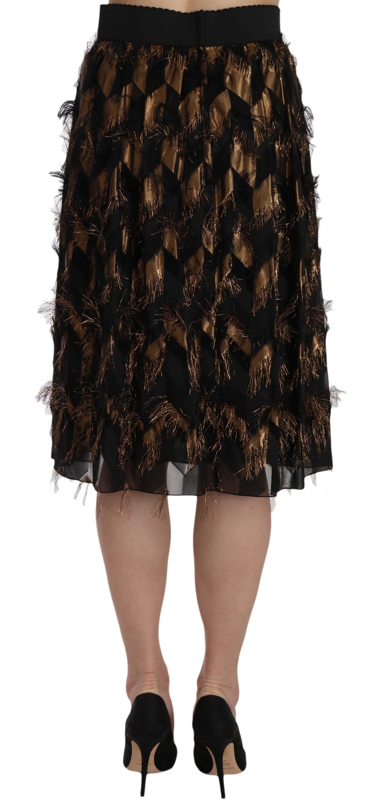 Dolce & Gabbana Black Gold Fringe Metallic Pencil A-line Skirt Dolce & Gabbana
