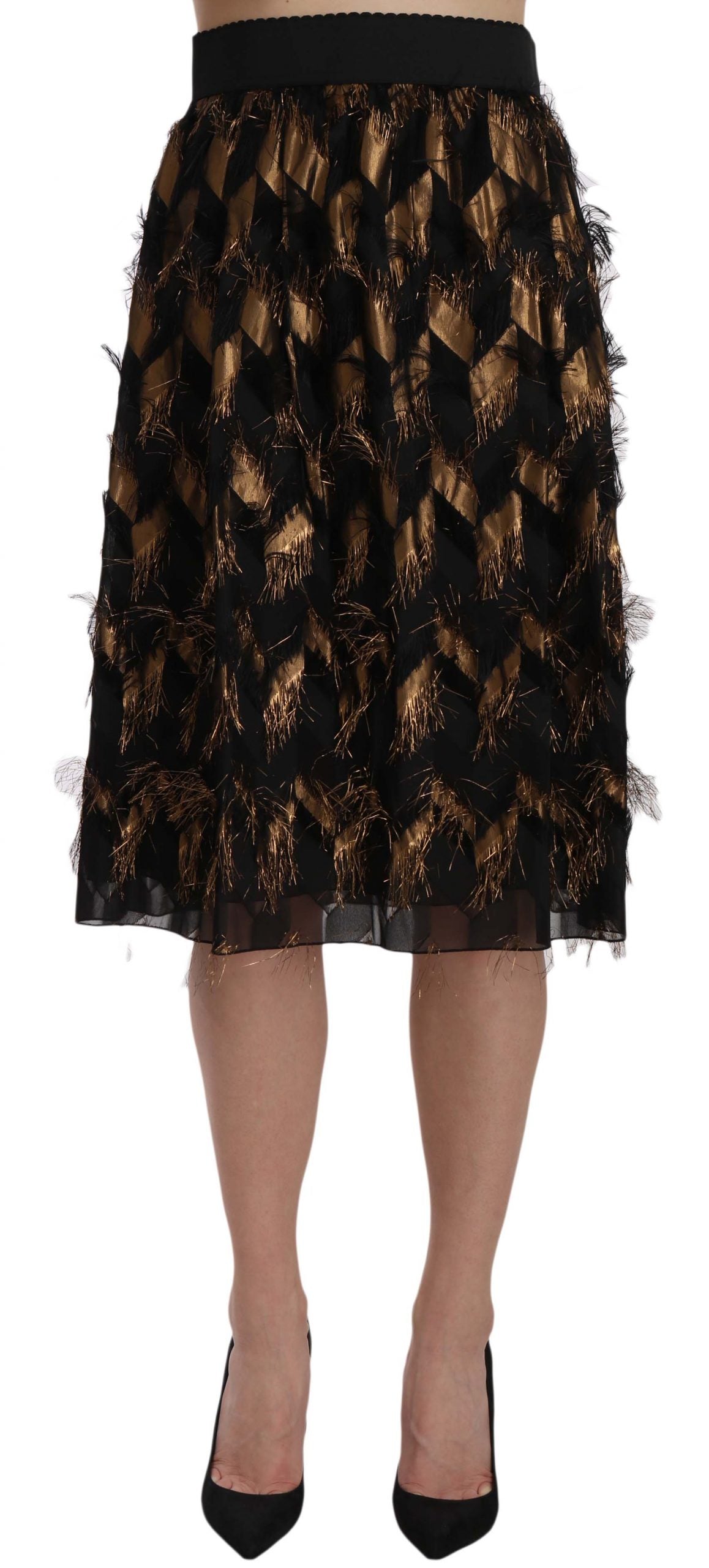 Dolce & Gabbana Black Gold Fringe Metallic Pencil A-line Skirt Dolce & Gabbana