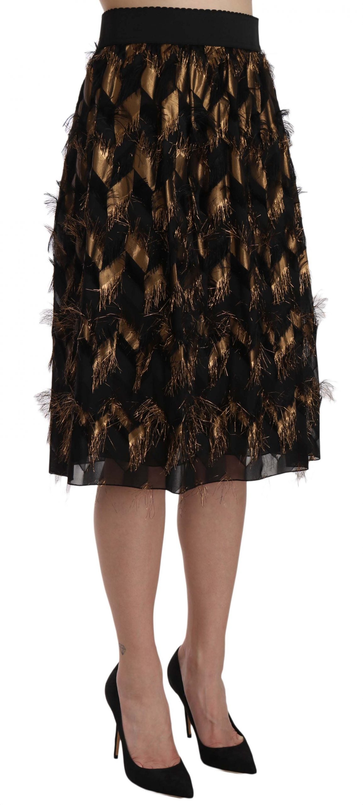 Dolce & Gabbana Black Gold Fringe Metallic Pencil A-line Skirt Dolce & Gabbana