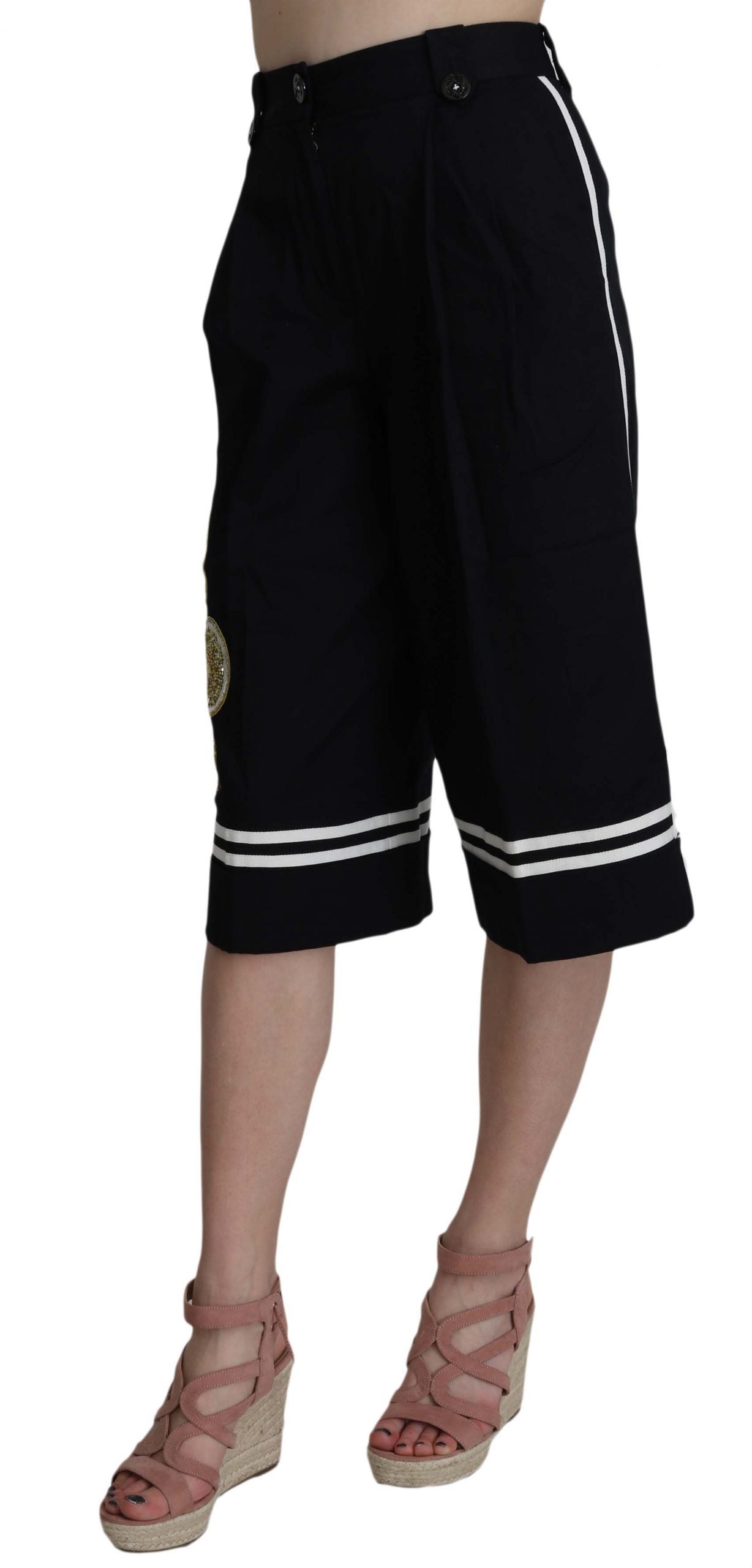 Dolce & Gabbana Black Cotton Cropped Embellished Pants Dolce & Gabbana