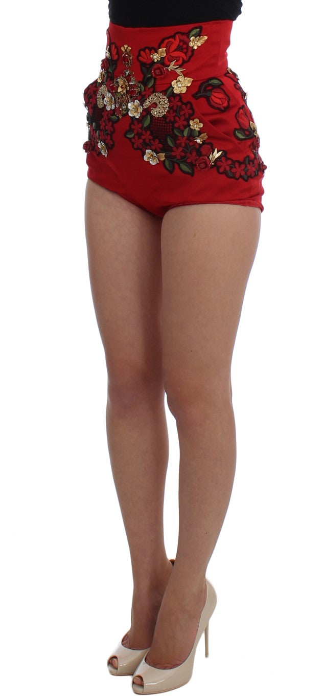 Dolce & Gabbana Red Silk Crystal Roses Shorts Dolce & Gabbana