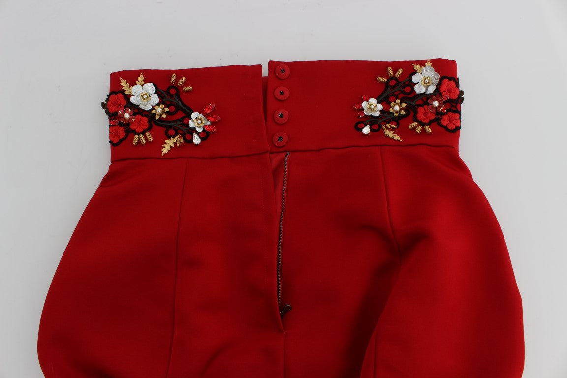 Dolce & Gabbana Red Silk Crystal Roses Shorts Dolce & Gabbana