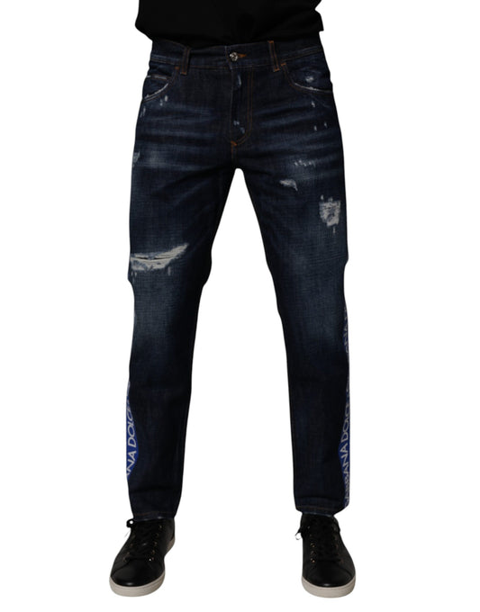 Dolce & Gabbana Dark Blue Cotton Tattered Skinny Denim Jeans Dolce & Gabbana