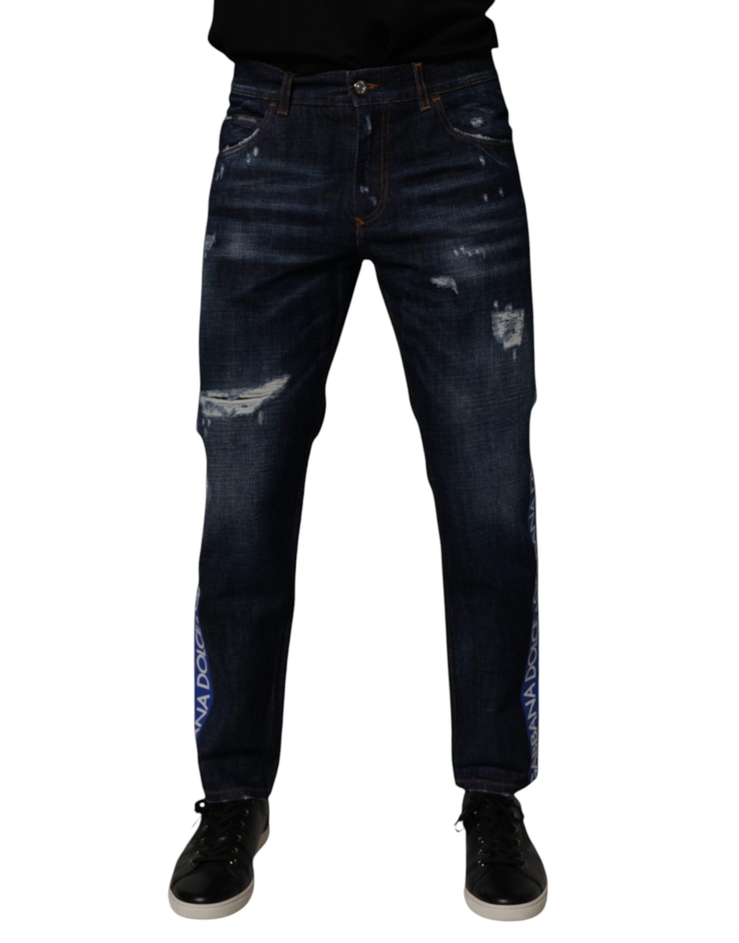 Dolce & Gabbana Dark Blue Cotton Tattered Skinny Denim Jeans Dolce & Gabbana