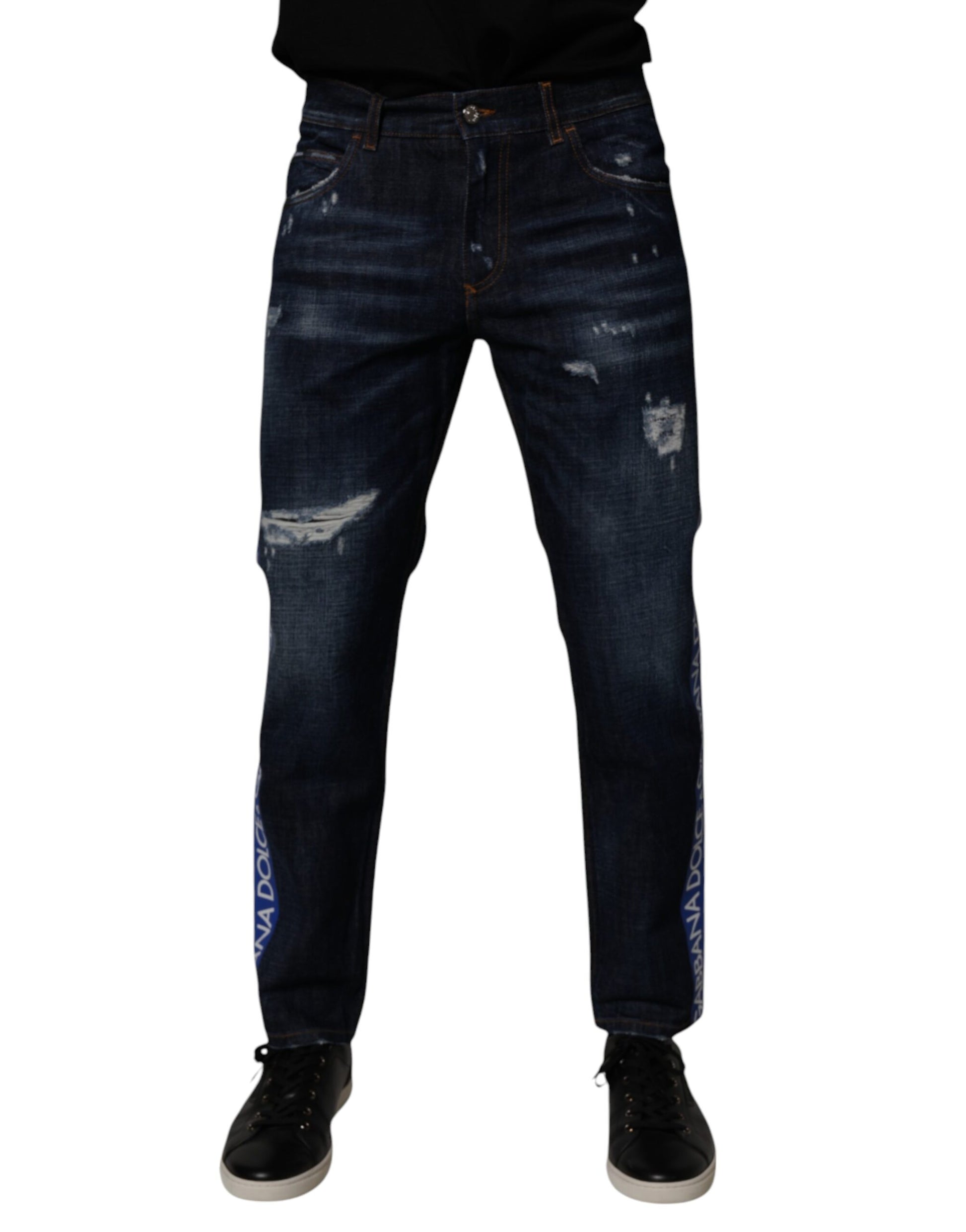 Dolce & Gabbana Dark Blue Cotton Tattered Skinny Denim Jeans Dolce & Gabbana