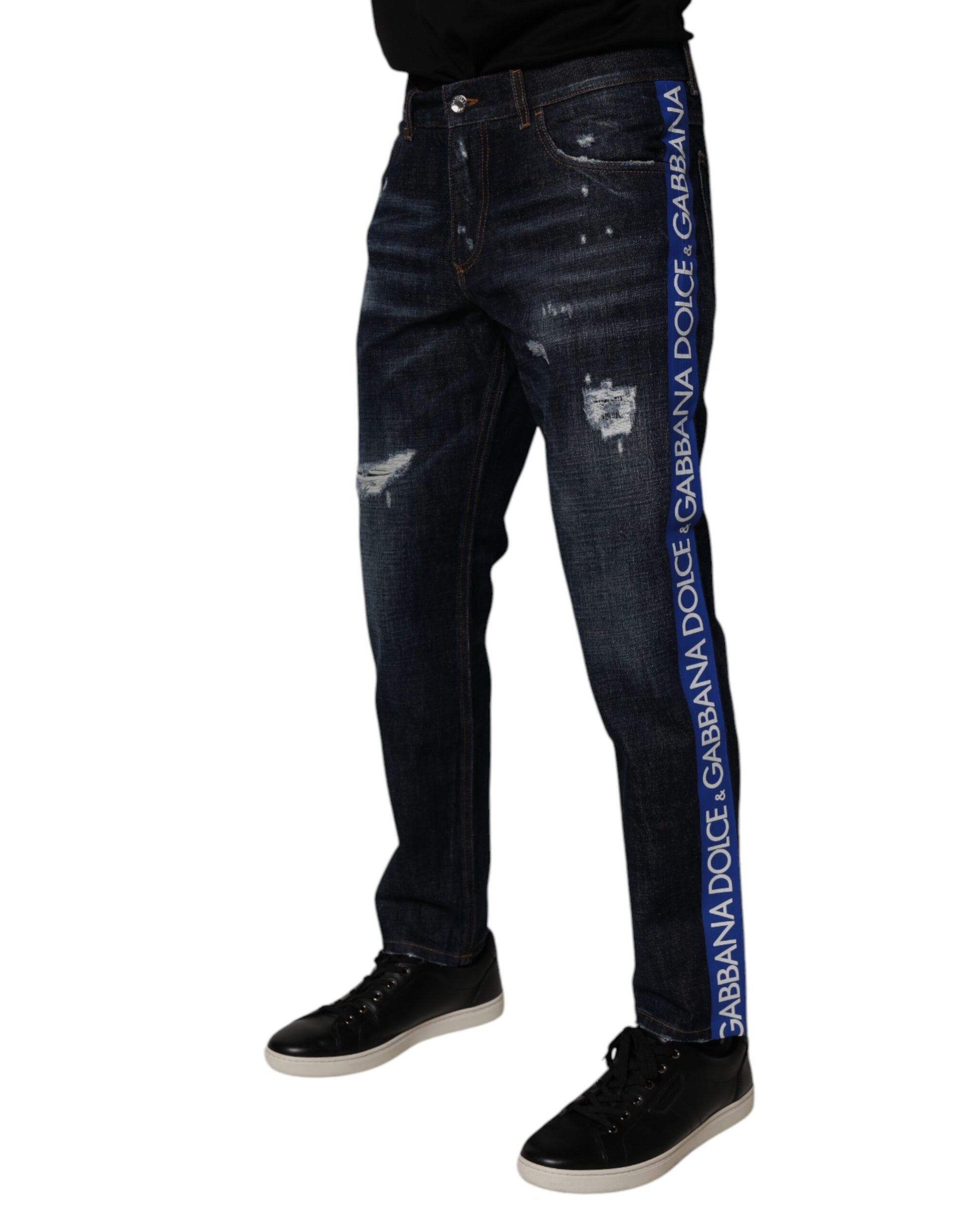 Dolce & Gabbana Dark Blue Cotton Tattered Skinny Denim Jeans Dolce & Gabbana