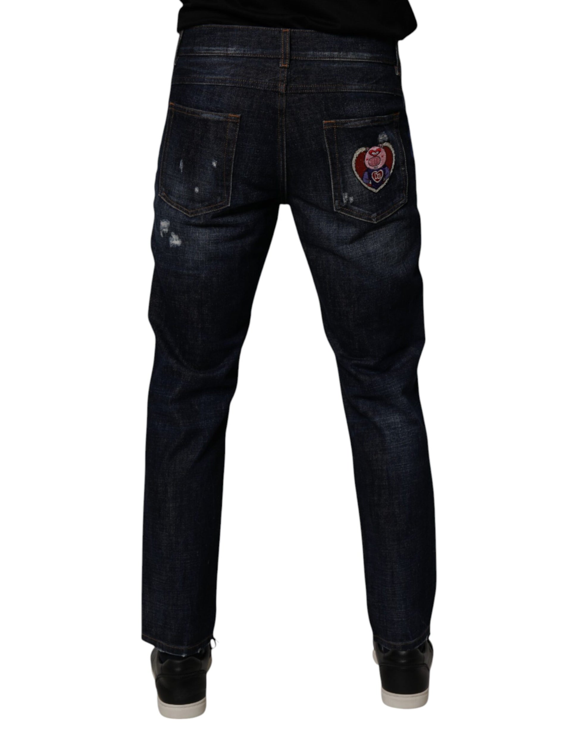 Dolce & Gabbana Dark Blue Cotton Tattered Skinny Denim Jeans Dolce & Gabbana