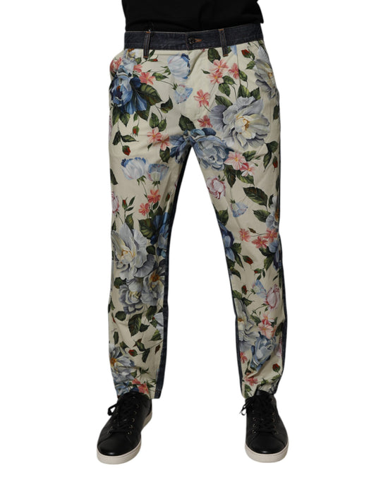 Dolce & Gabbana Beige Blue Floral Cotton Men Denim Jeans Dolce & Gabbana