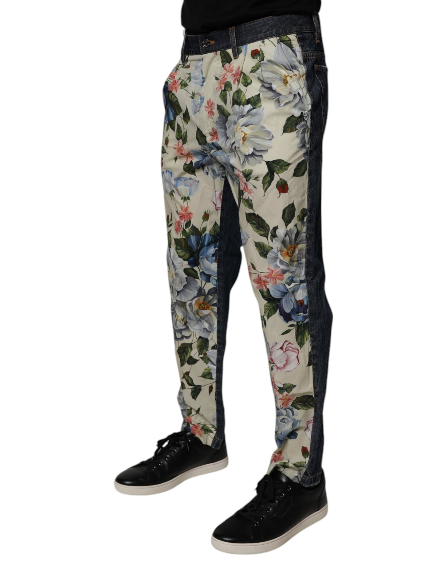 Dolce & Gabbana Beige Blue Floral Cotton Men Denim Jeans Dolce & Gabbana