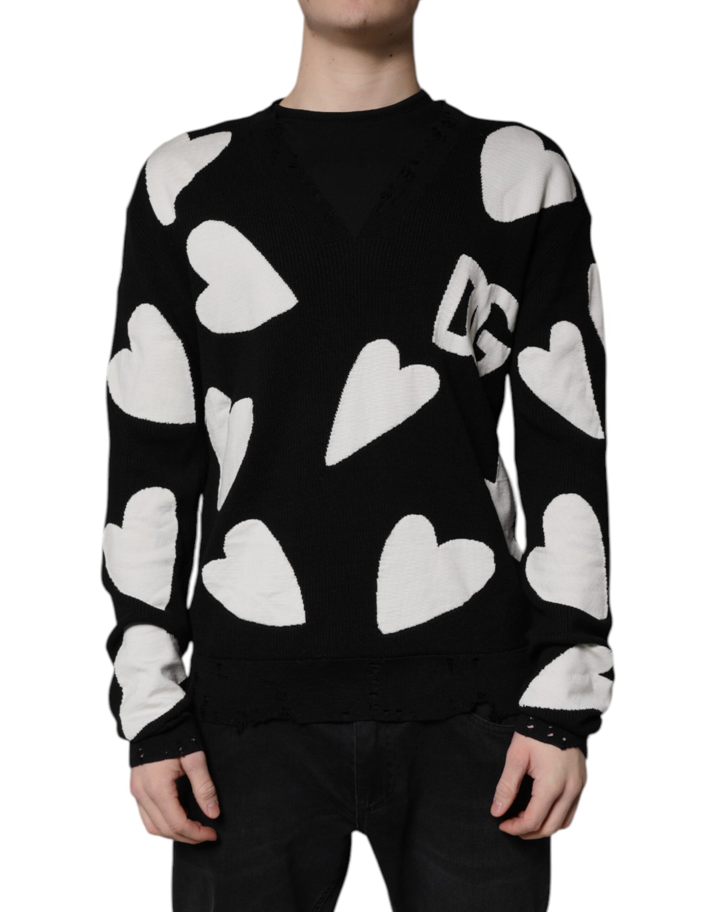Dolce & Gabbana Black Hearts Silk Crew Neck Pullover Sweater Dolce & Gabbana