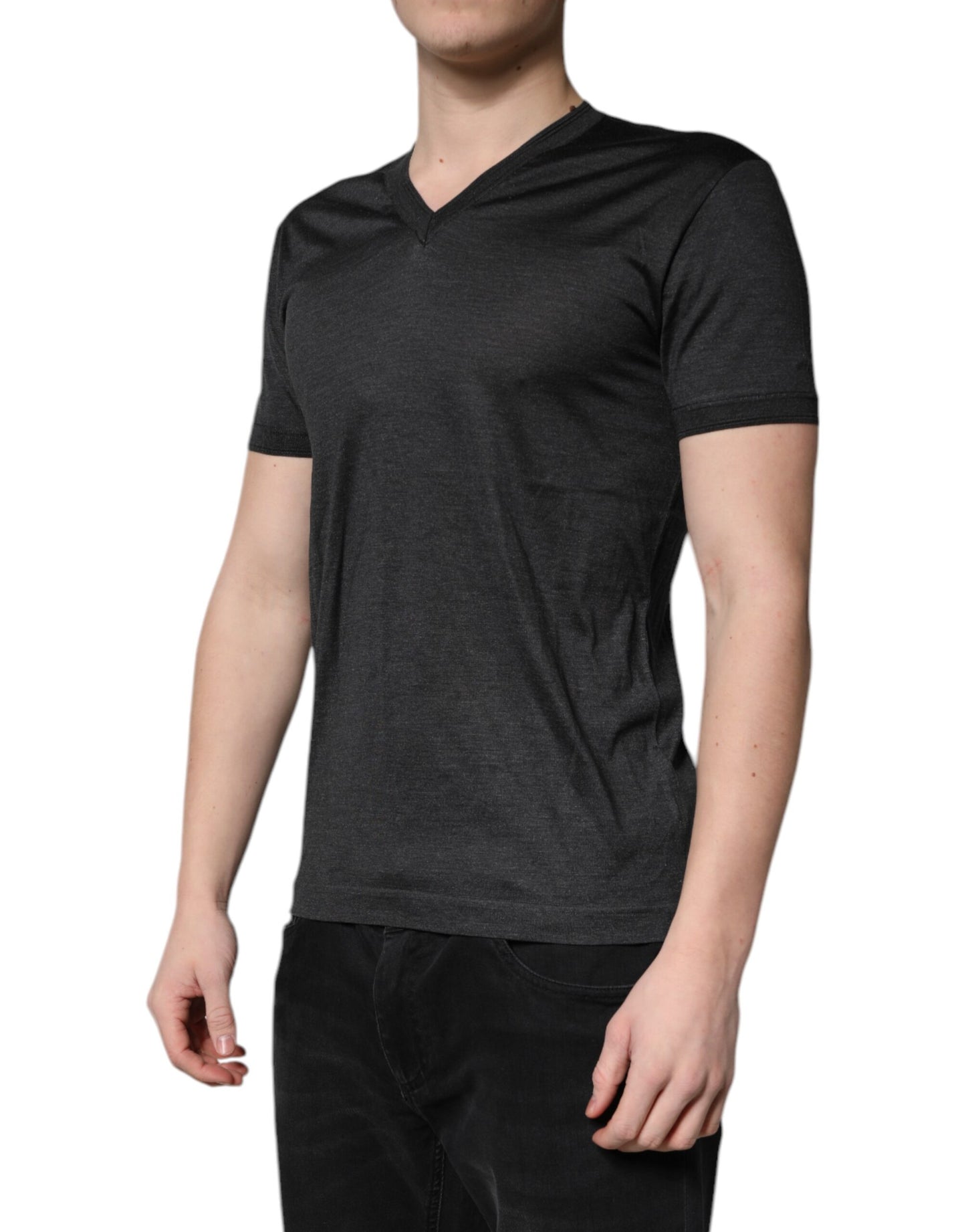 Dolce & Gabbana Dark Gray Silk V-neck Short Sleeves T-shirt Dolce & Gabbana